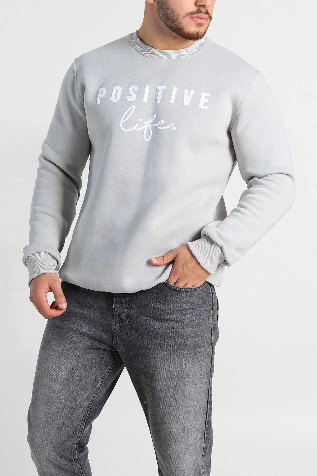Gri Regular Fit Üç İp Şardonlu Yazı Detay Erkek Sweatshirt 308903