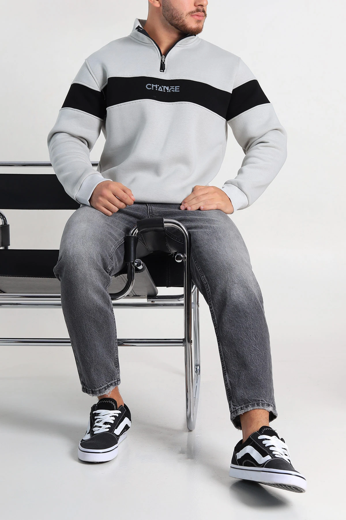 Gri Regular Fit Üç İp Şardonlu Yazı Detay Yarım Fermuarlı Erkek Sweatshirt 308896