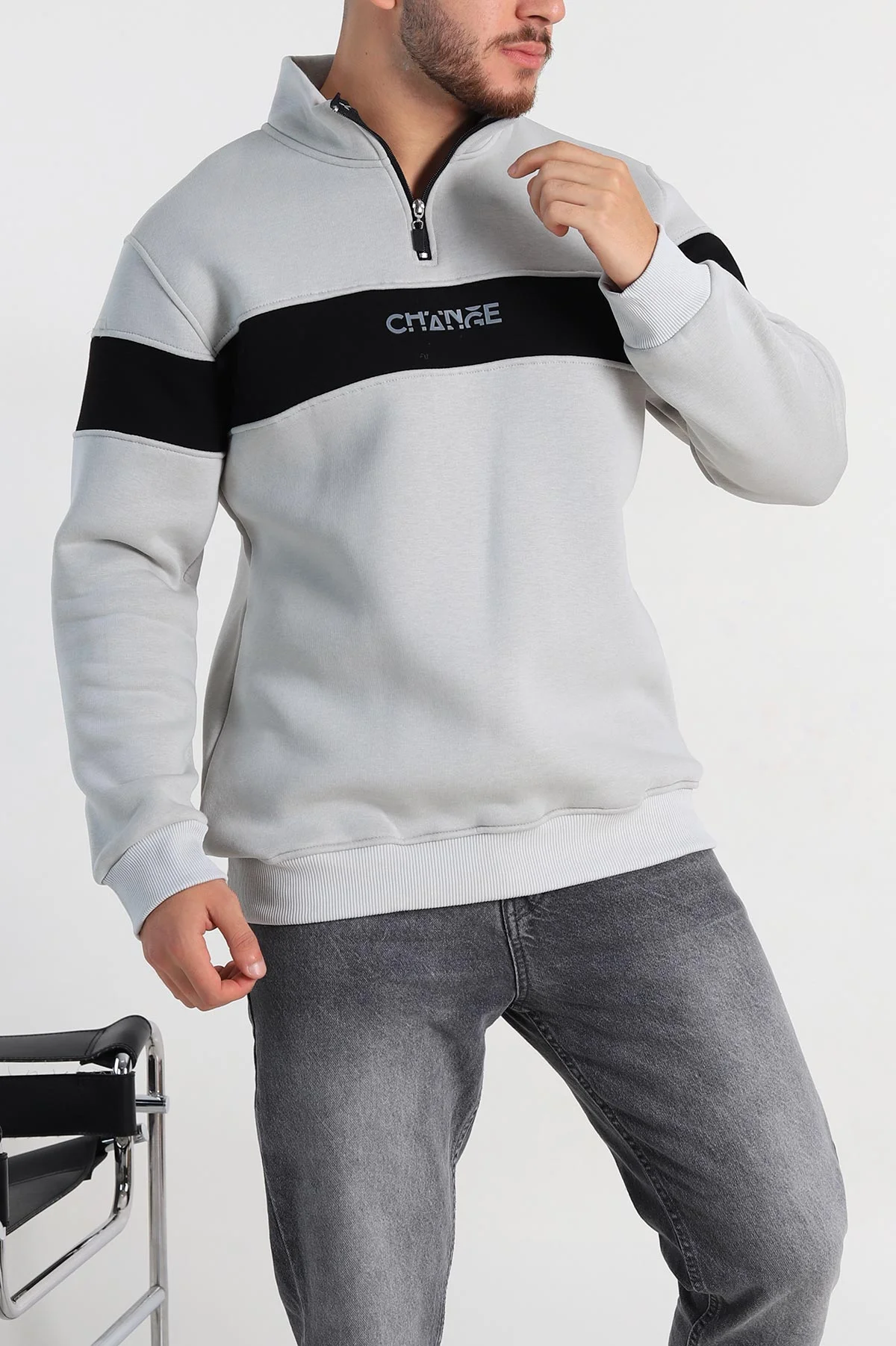 Gri Regular Fit Üç İp Şardonlu Yazı Detay Yarım Fermuarlı Erkek Sweatshirt 308896