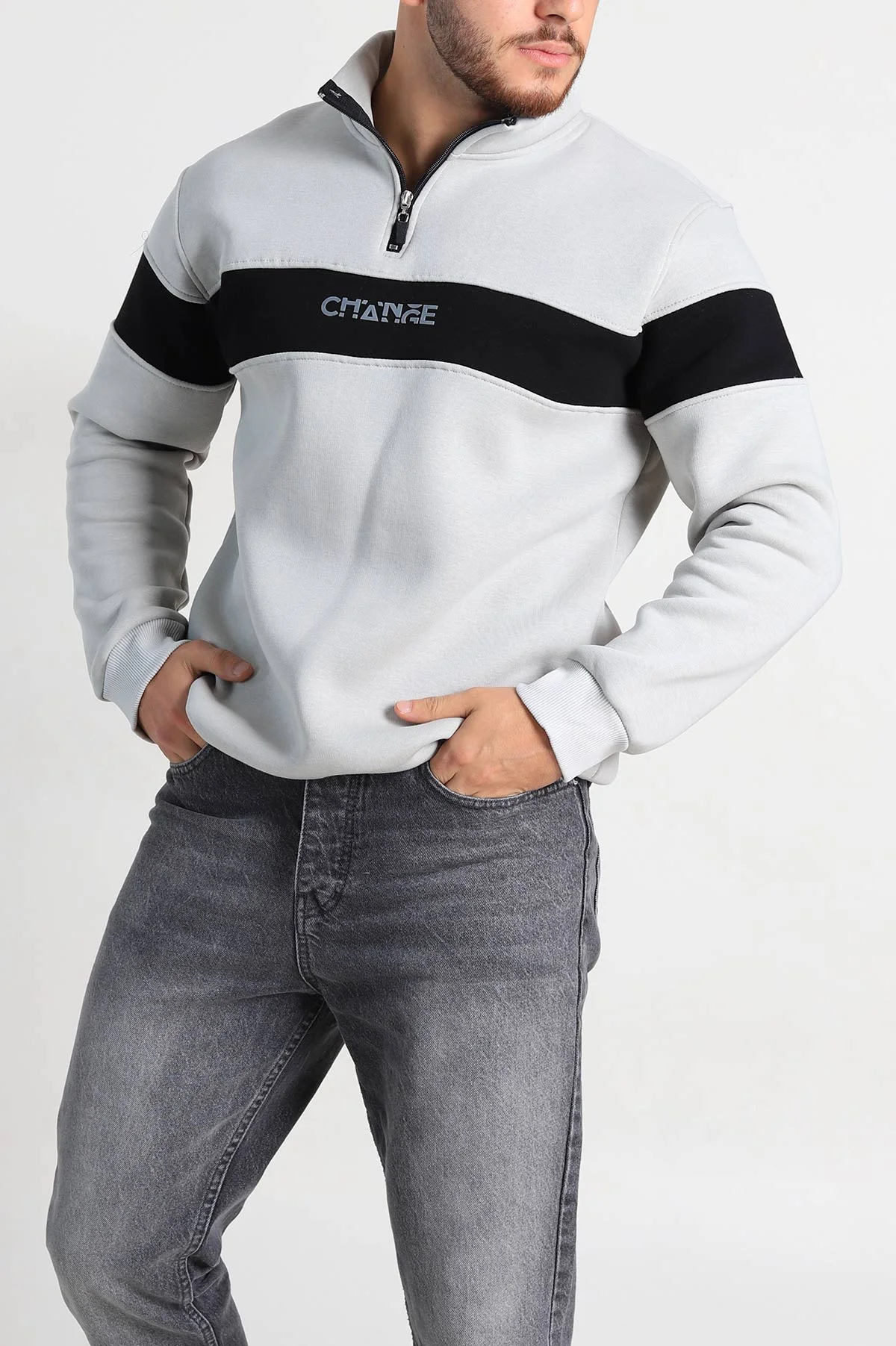 Gri Regular Fit Üç İp Şardonlu Yazı Detay Yarım Fermuarlı Erkek Sweatshirt 308896