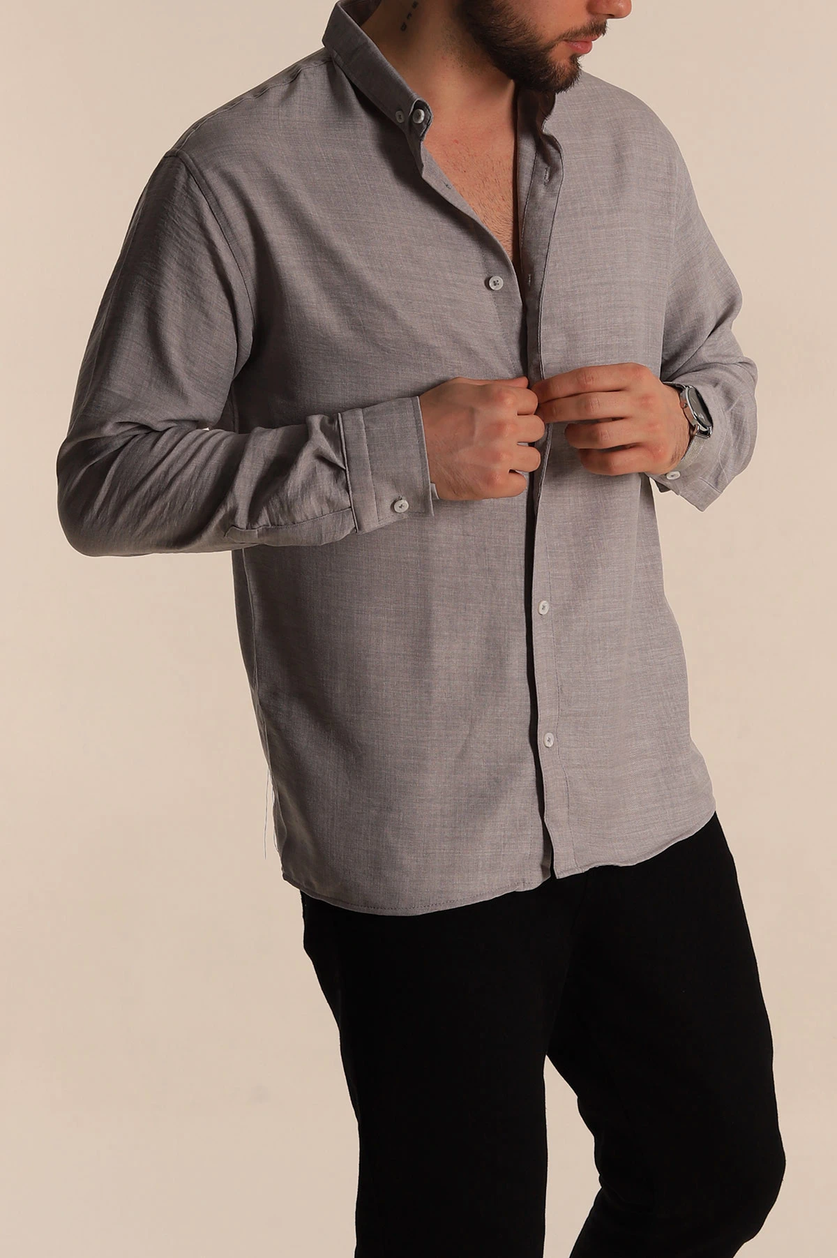 Gri Regular Fit Uzun Kollu Keten Erkek Gömlek 275554