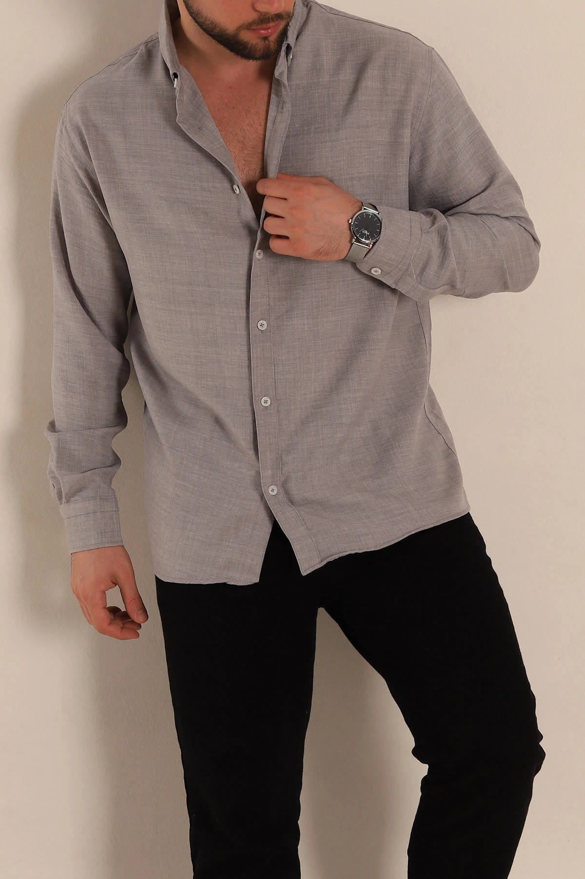 Gri Regular Fit Uzun Kollu Keten Erkek Gömlek 275554
