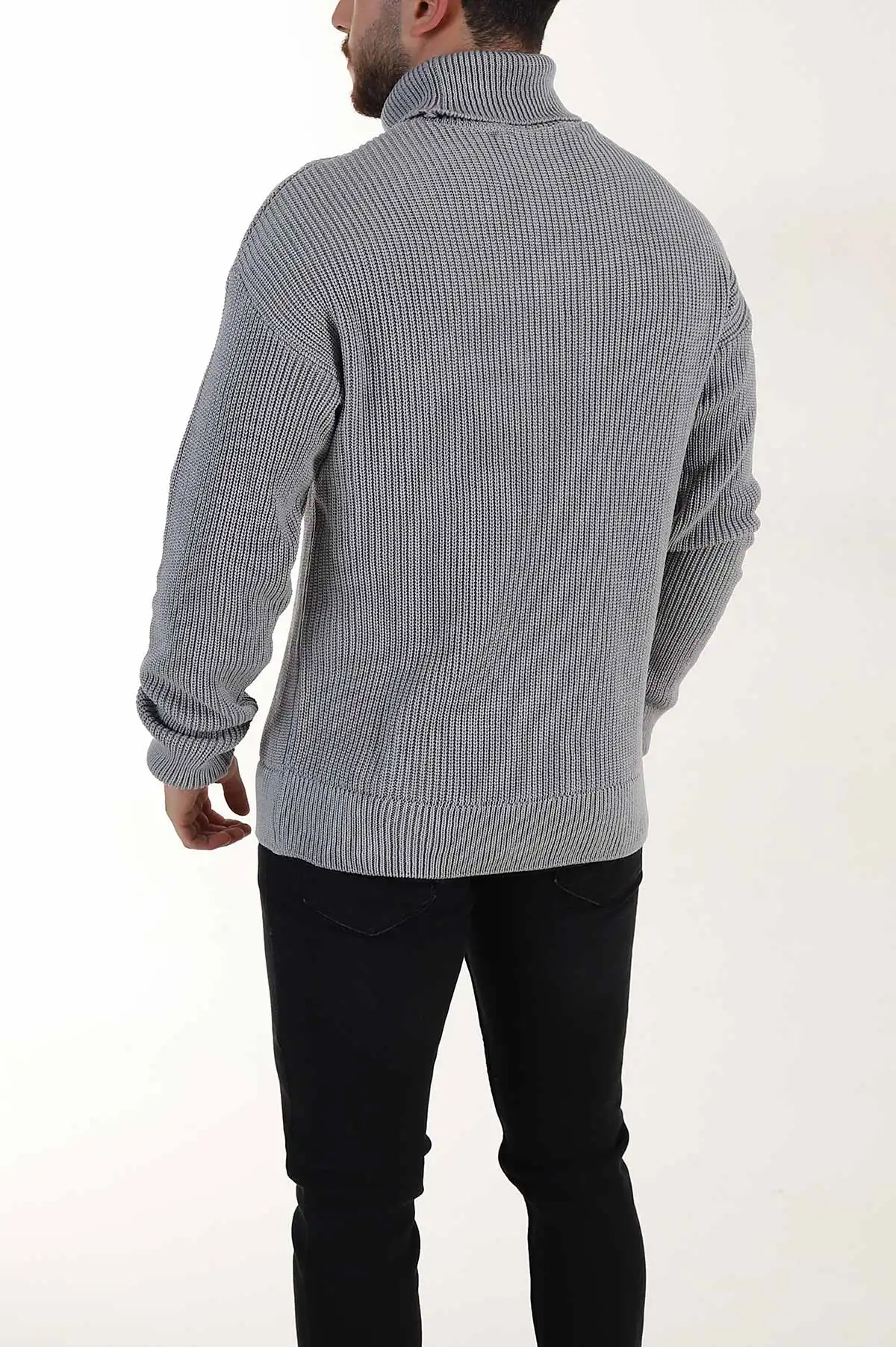 Gri Relaxed Fit Balıkçı Yaka Erkek Triko Kazak 397757