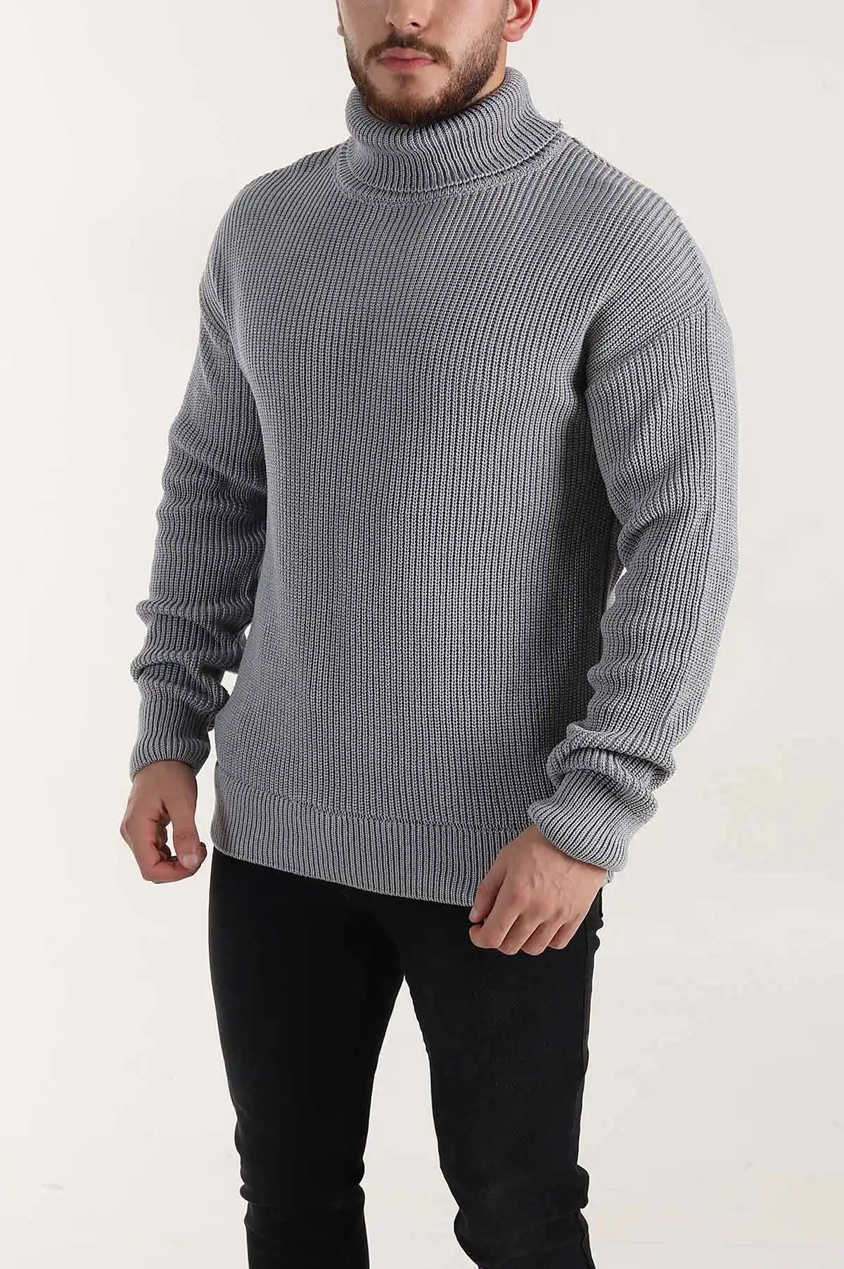Gri Relaxed Fit Balıkçı Yaka Erkek Triko Kazak 397757