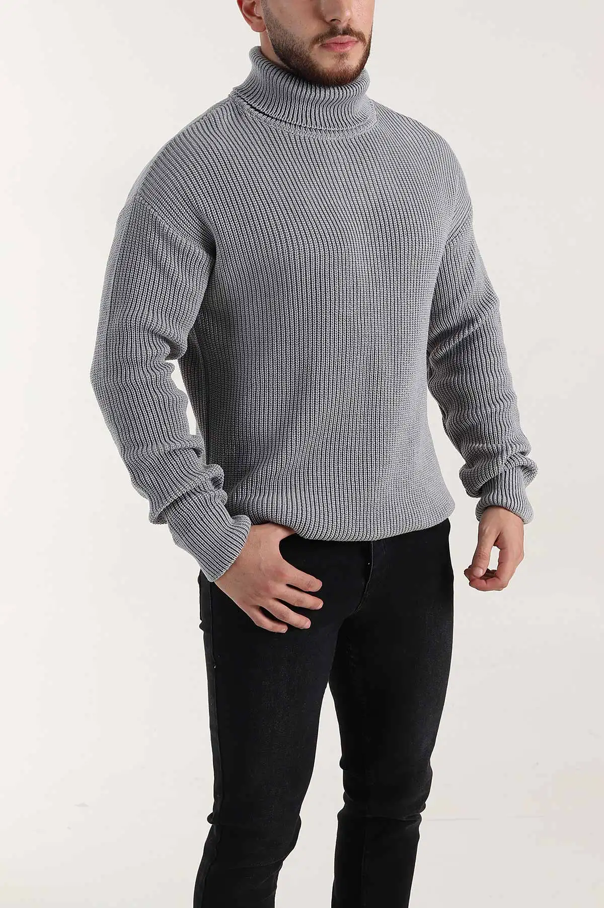 Gri Relaxed Fit Balıkçı Yaka Erkek Triko Kazak 397757