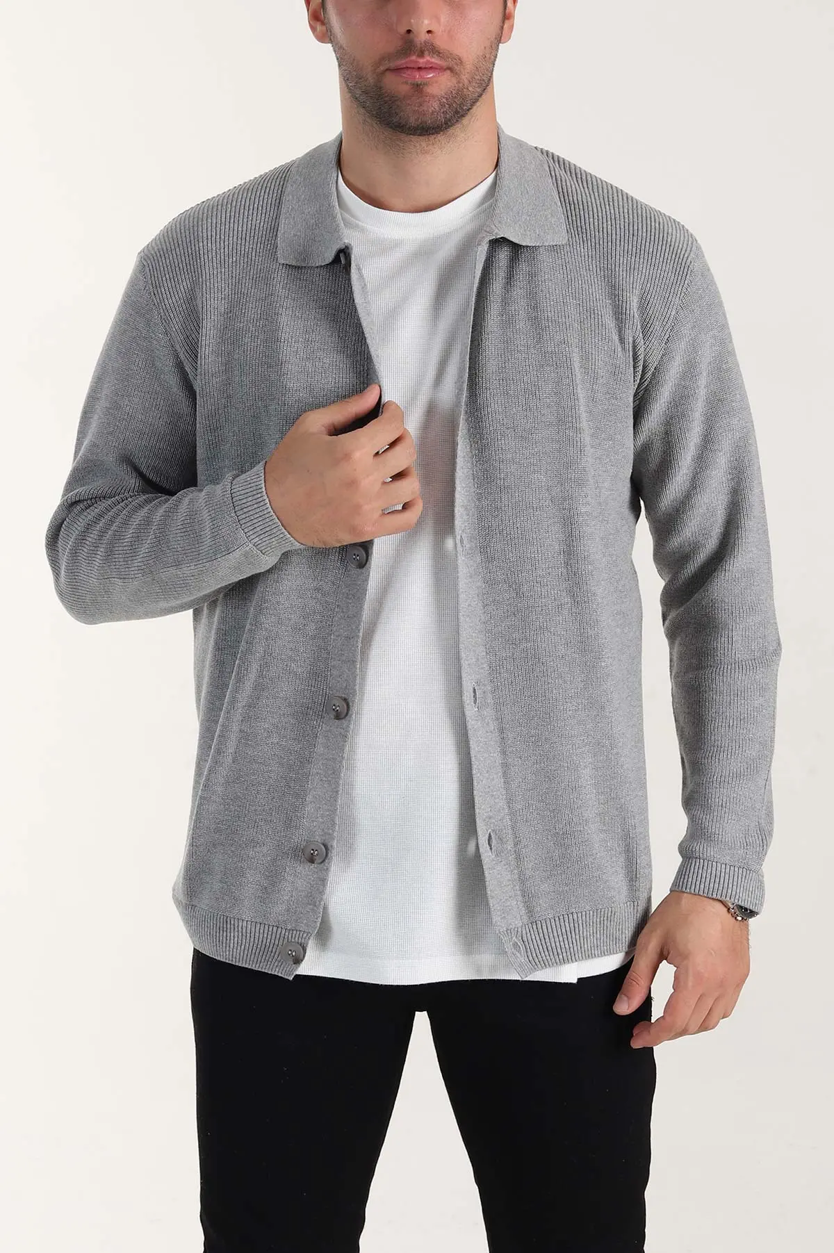Gri Relaxed Fit Bambu Erkek Triko Hırka 400160