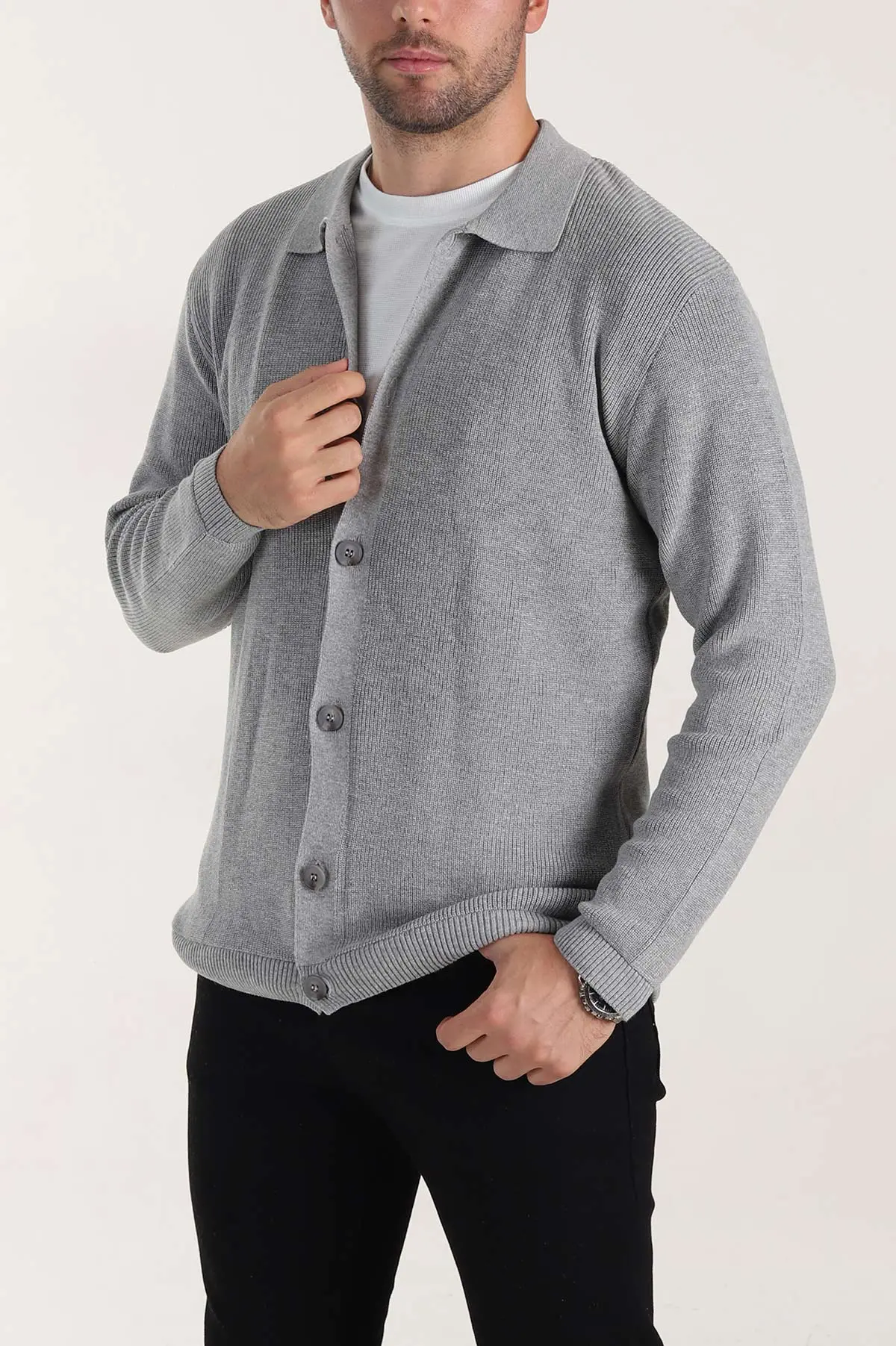 Gri Relaxed Fit Bambu Erkek Triko Hırka 400160