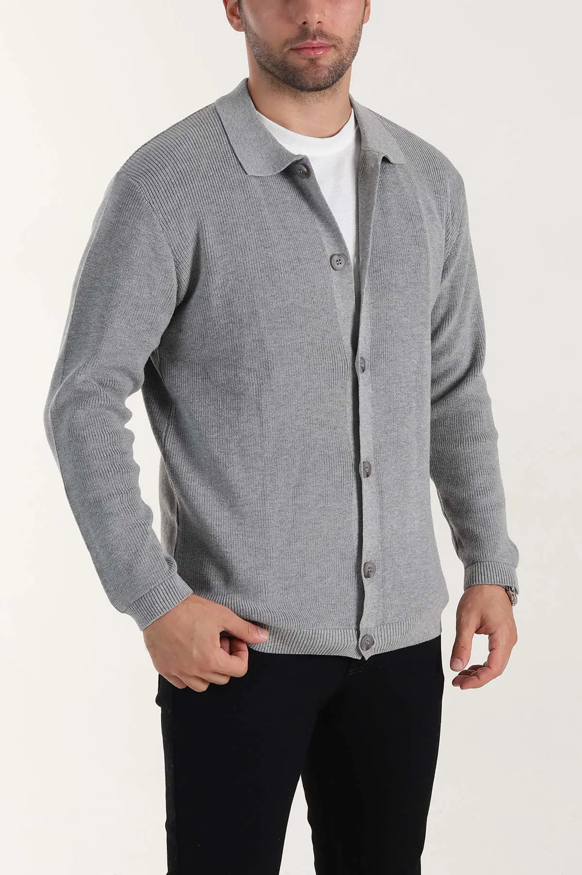 Gri Relaxed Fit Bambu Erkek Triko Hırka 400160