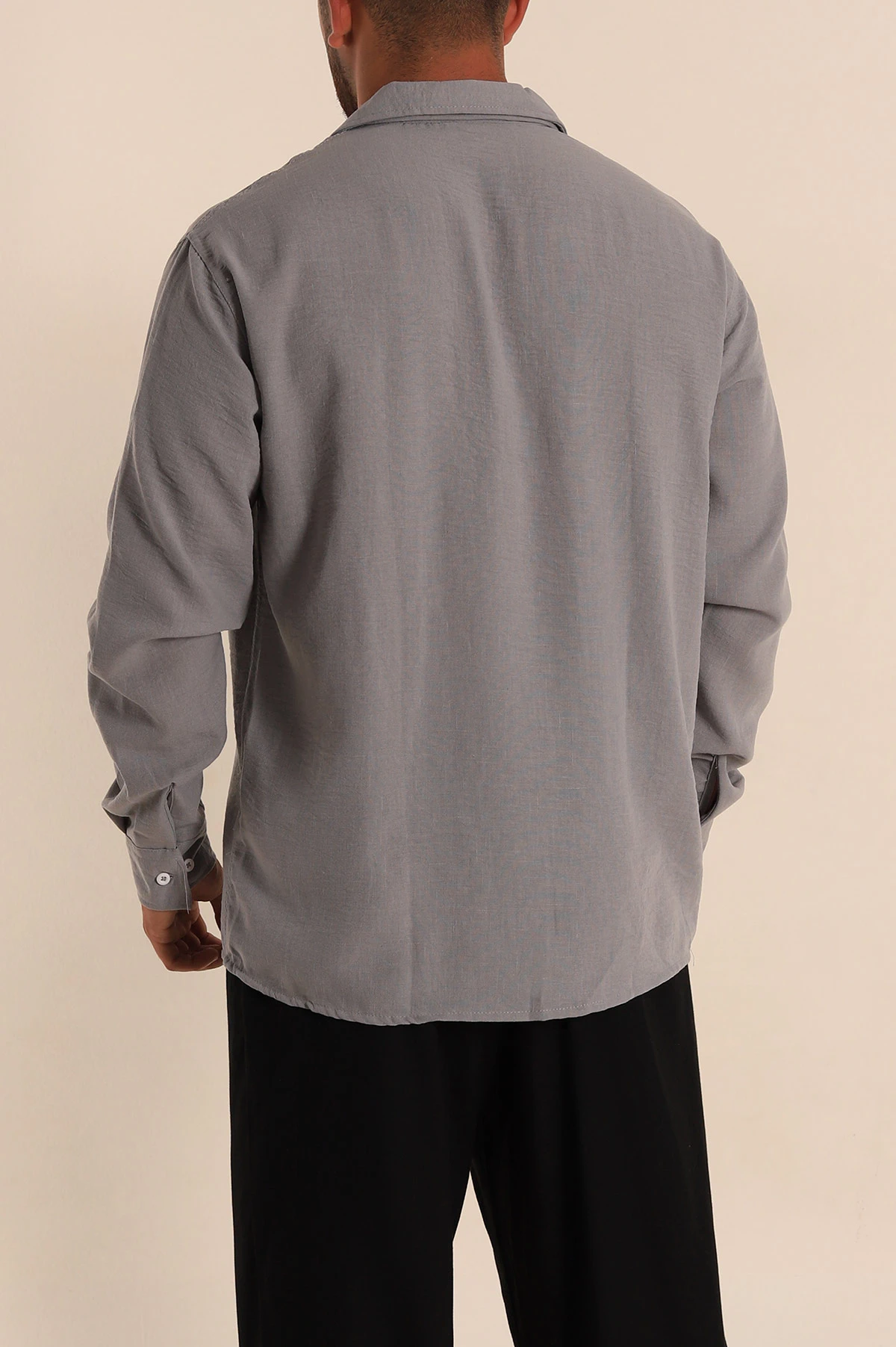 Gri Relaxed Fit Bambu Keten Apaş Yaka Erkek Gömlek 285493