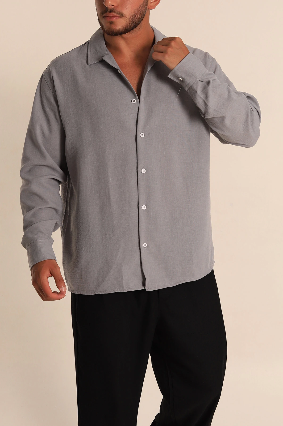 Gri Relaxed Fit Bambu Keten Apaş Yaka Erkek Gömlek 285493