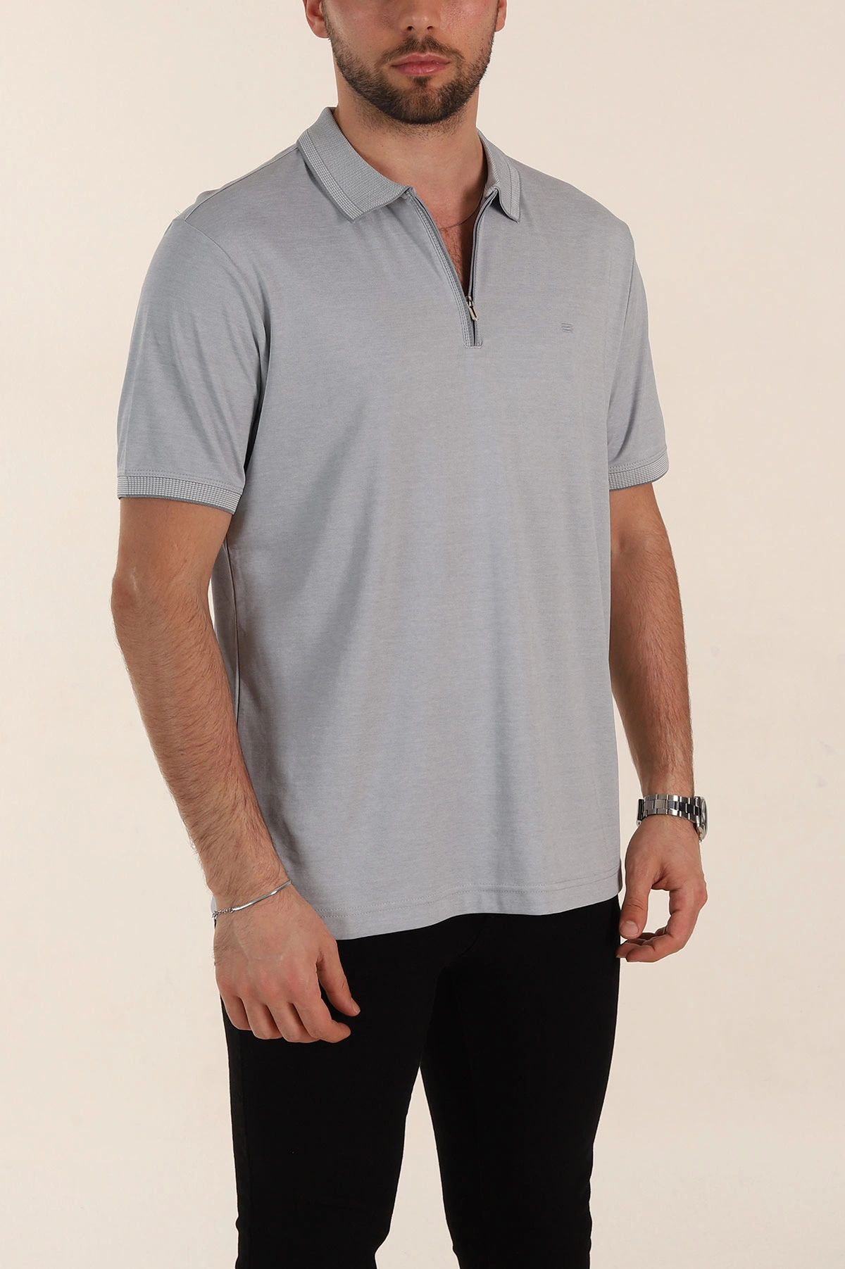 Gri Relaxed Fit Basic Fermuarlı Polo Yaka Erkek Tişört 359131