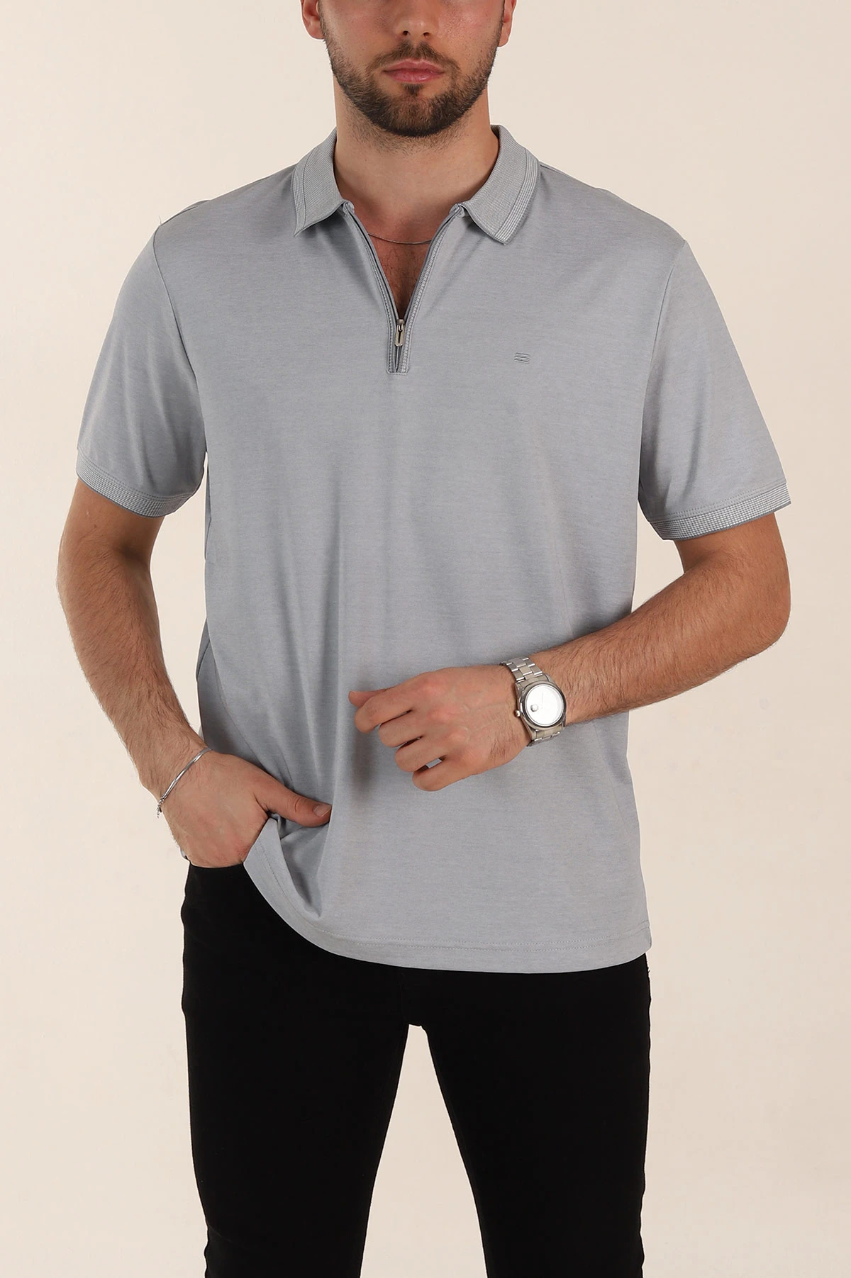 Gri Relaxed Fit Basic Fermuarlı Polo Yaka Erkek Tişört 359131