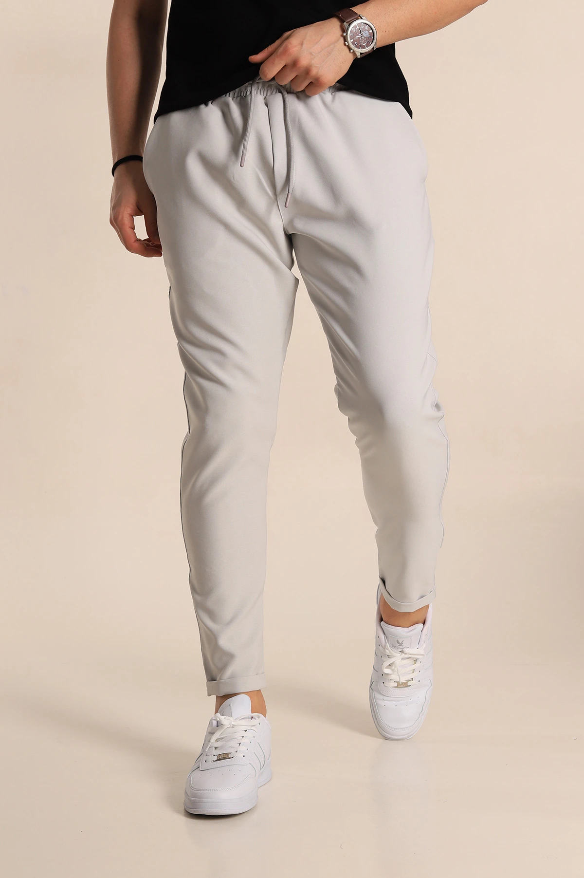 Gri Relaxed Fit Bel Bağlamalı Duble Paça Erkek Jogger Pantolon 257469