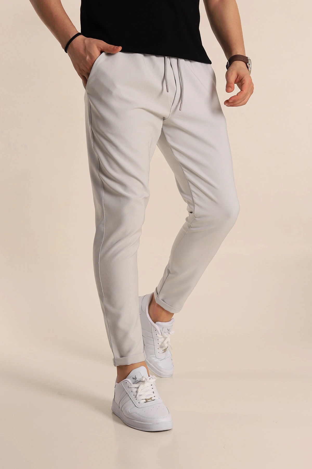 Gri Relaxed Fit Bel Bağlamalı Duble Paça Erkek Jogger Pantolon 257469