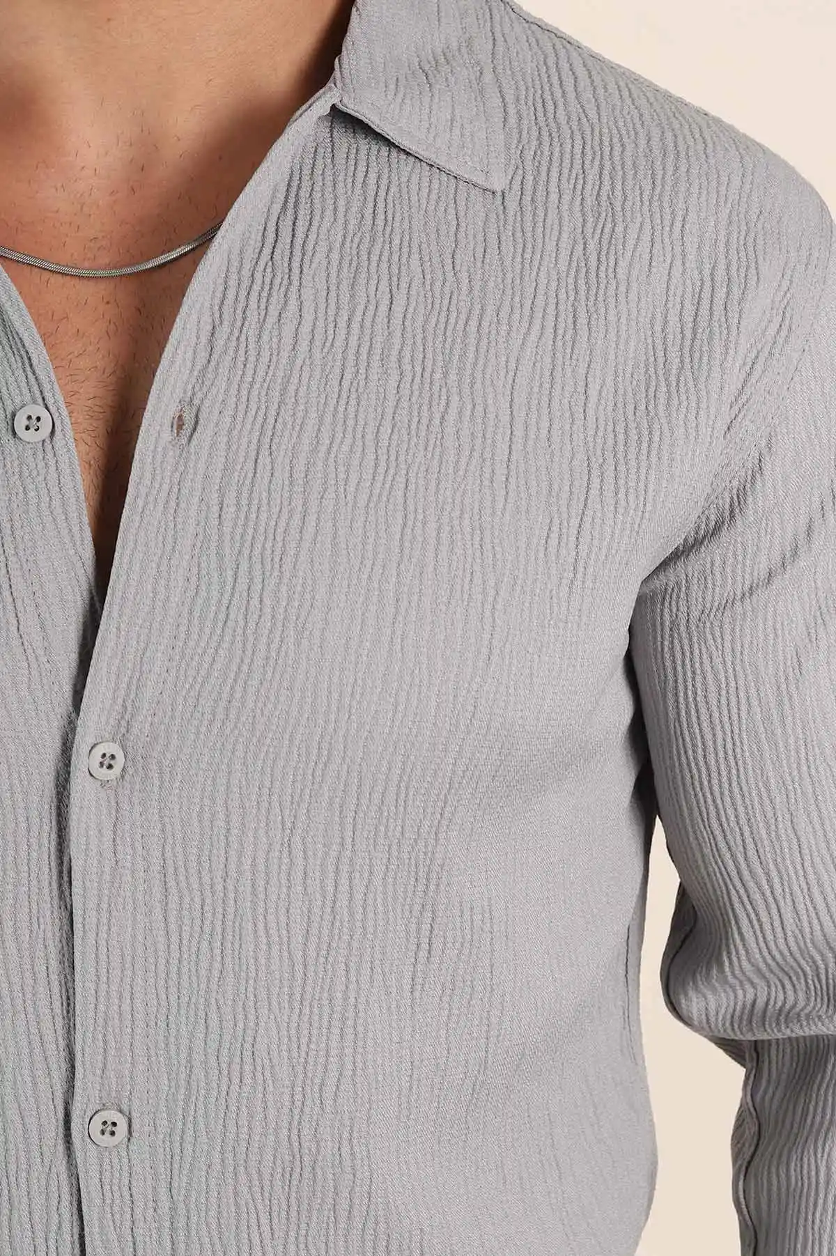 Gri Relaxed Fit Bürümcük Dokulu Uzun Kollu Erkek Gömlek 369323