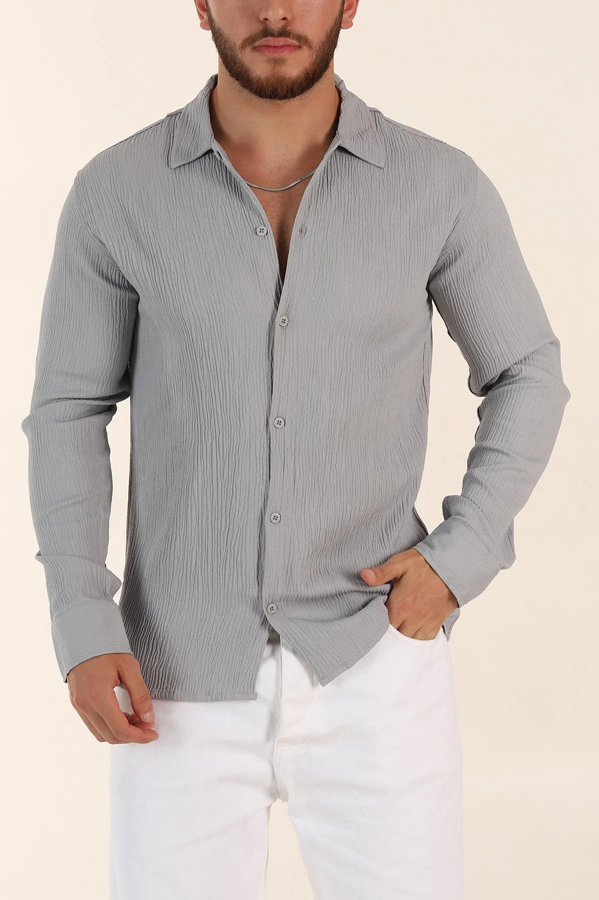 Gri Relaxed Fit Bürümcük Dokulu Uzun Kollu Erkek Gömlek 369323