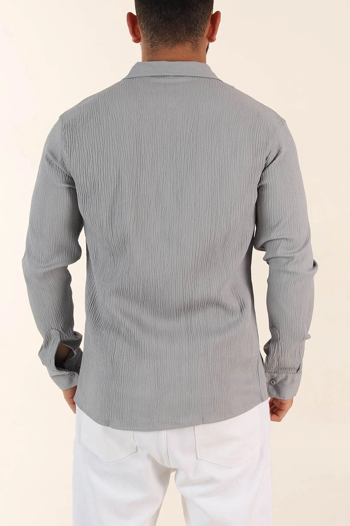 Gri Relaxed Fit Bürümcük Dokulu Uzun Kollu Erkek Gömlek 369323