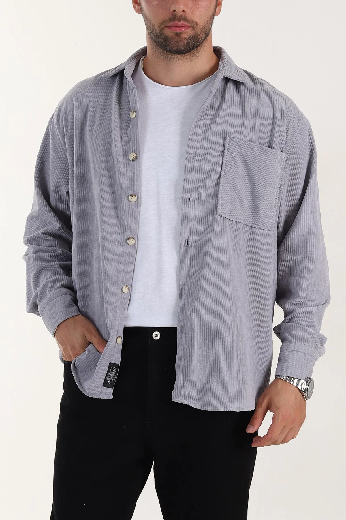 Gri Relaxed Fit Cep Detaylı Kalın Fitilli Kadife Erkek Gömlek 397932