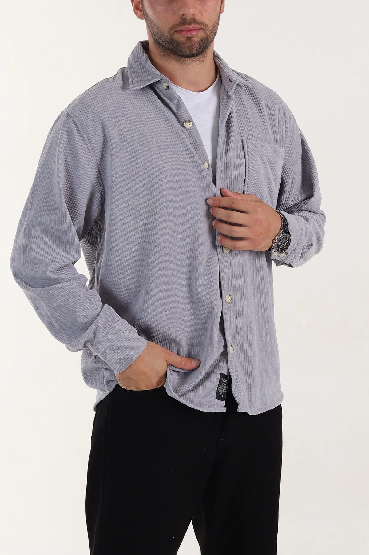 Gri Relaxed Fit Cep Detaylı Kalın Fitilli Kadife Erkek Gömlek 397932