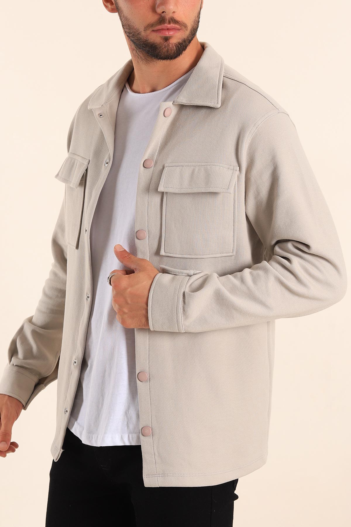 Gri Relaxed Fit Çift Cepli Çıt Çıt Düğmeli Uzun Kollu Erkek Gömlek 201336