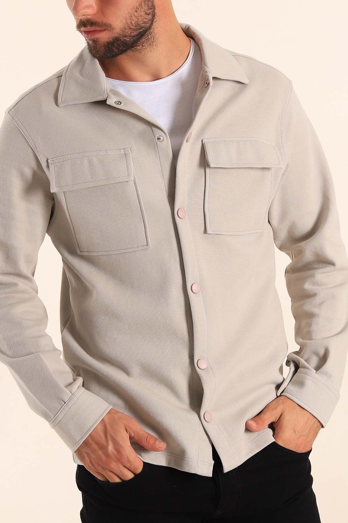 Gri Relaxed Fit Çift Cepli Çıt Çıt Düğmeli Uzun Kollu Erkek Gömlek 201336