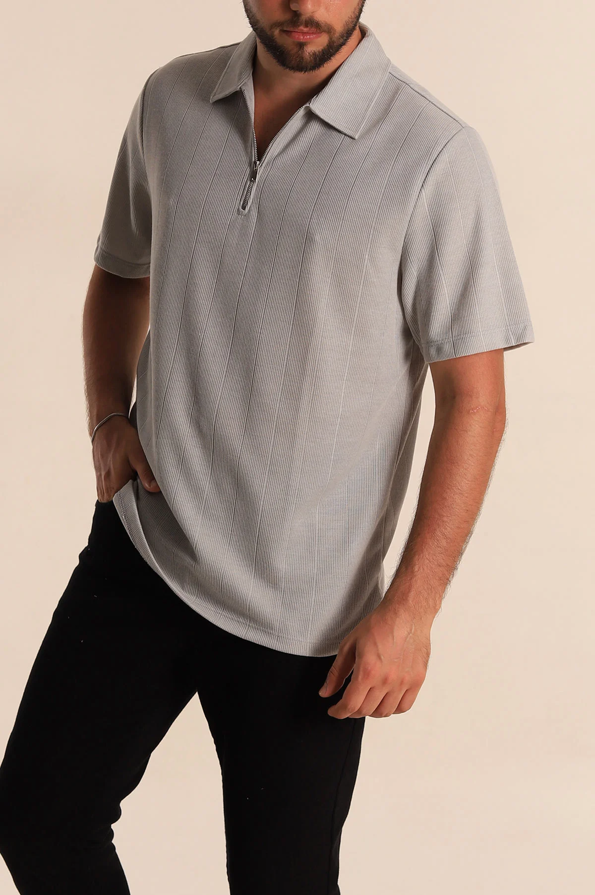 Gri Relaxed Fit Çizgi Dokulu Fermuarlı Polo Yaka Erkek Tişört 278930