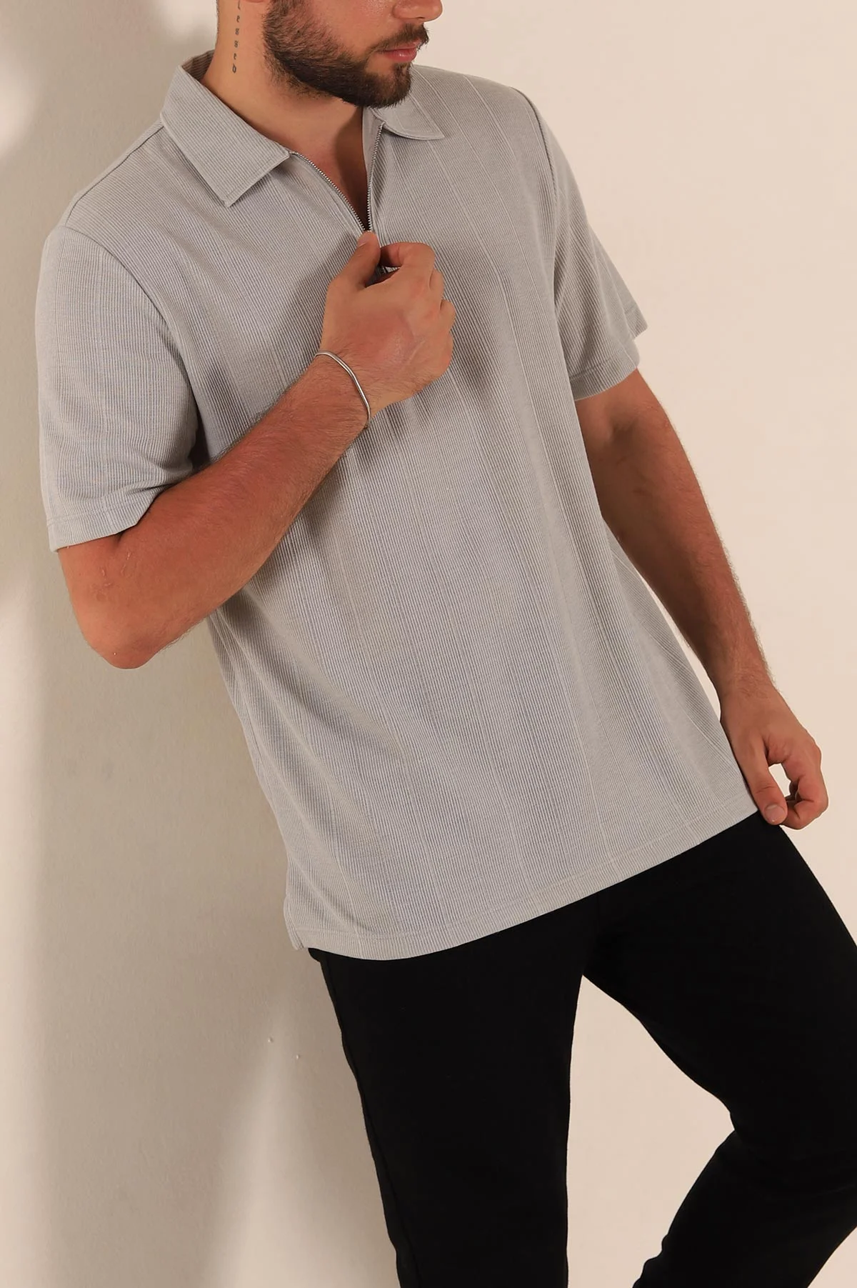Gri Relaxed Fit Çizgi Dokulu Fermuarlı Polo Yaka Erkek Tişört 278930