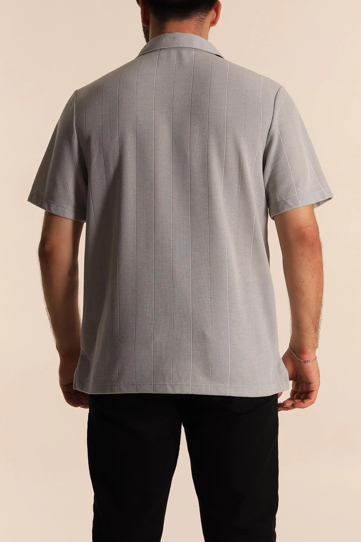 Gri Relaxed Fit Çizgi Dokulu Fermuarlı Polo Yaka Erkek Tişört 278930