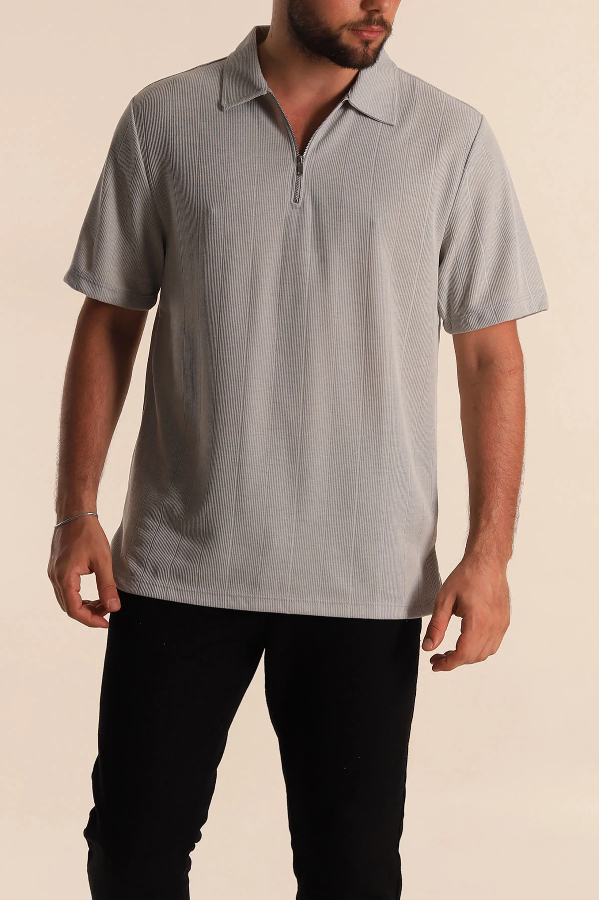 Gri Relaxed Fit Çizgi Dokulu Fermuarlı Polo Yaka Erkek Tişört 278930