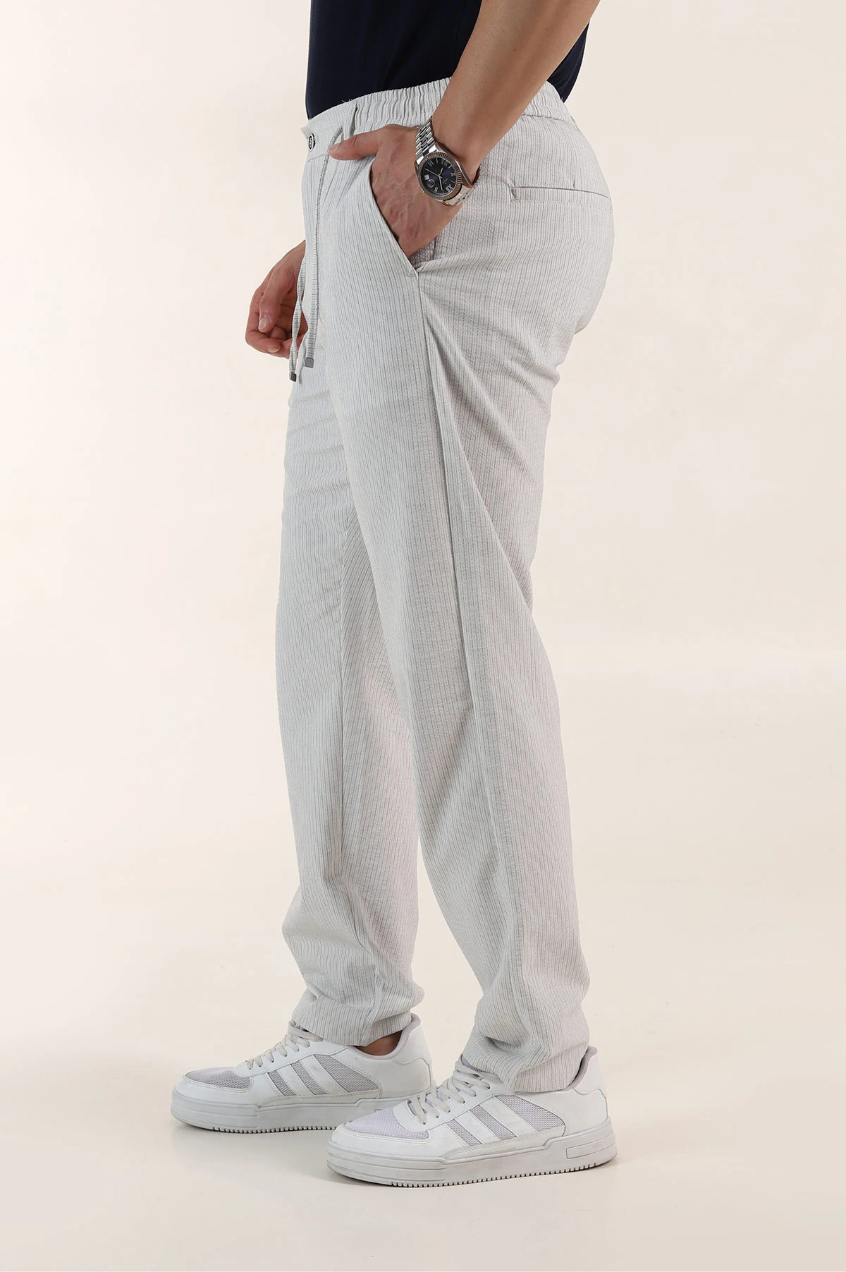 Gri Relaxed Fit Çizgili Bel Arkası Lastikli Erkek Pantolon 362595