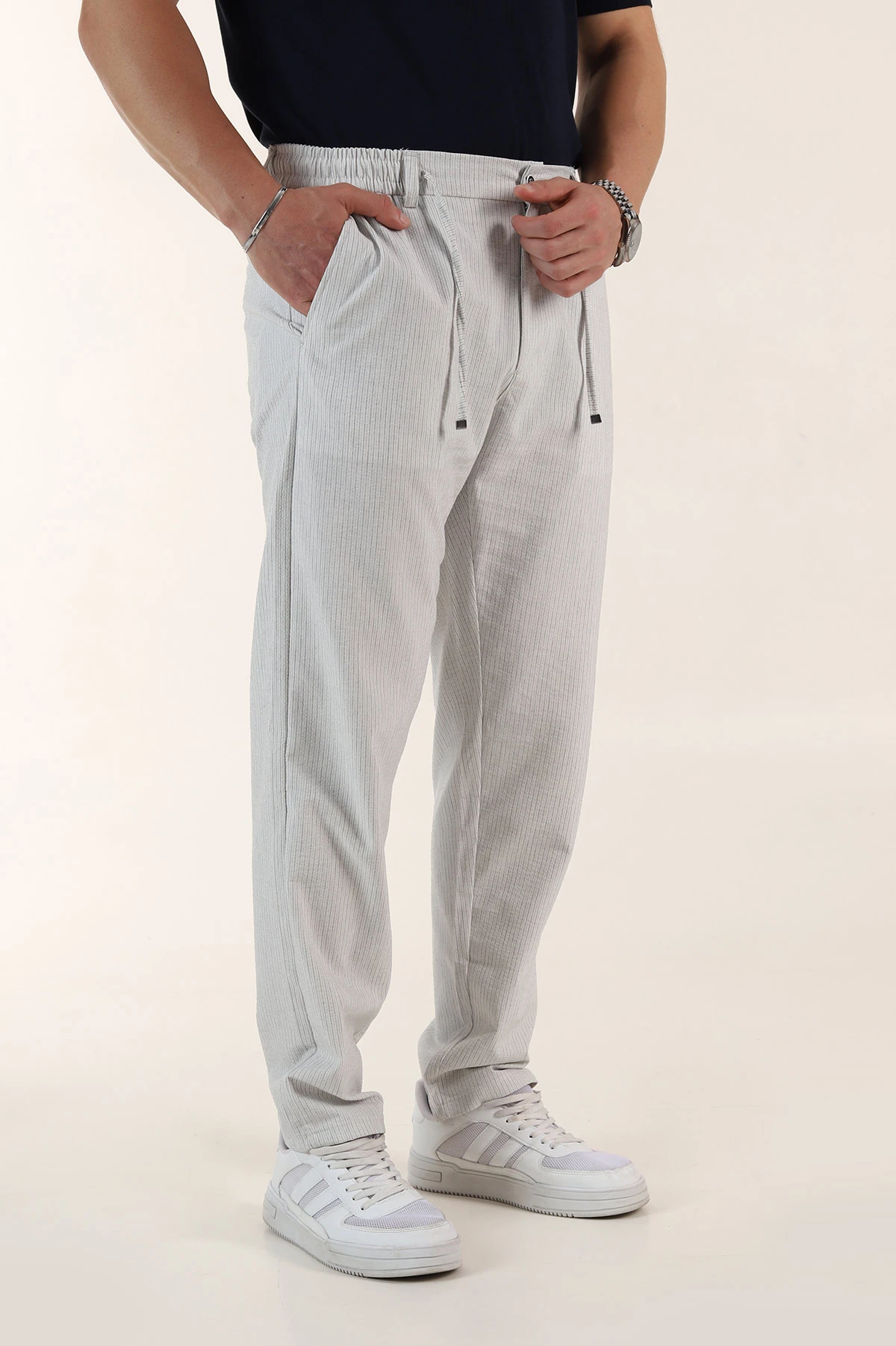 Gri Relaxed Fit Çizgili Bel Arkası Lastikli Erkek Pantolon 362595