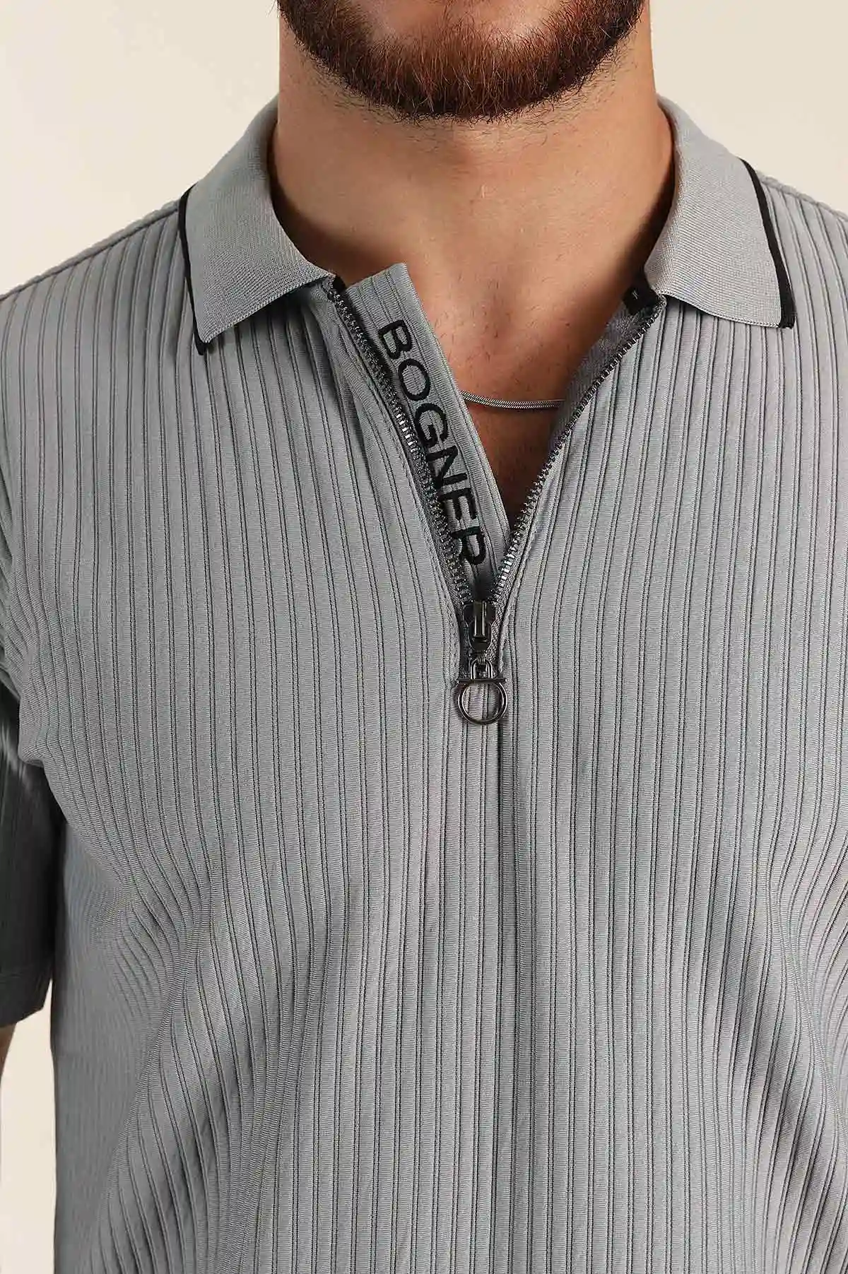 Gri Relaxed Fit Çizgili Fermuarlı Polo Yaka Erkek Tişört 370341