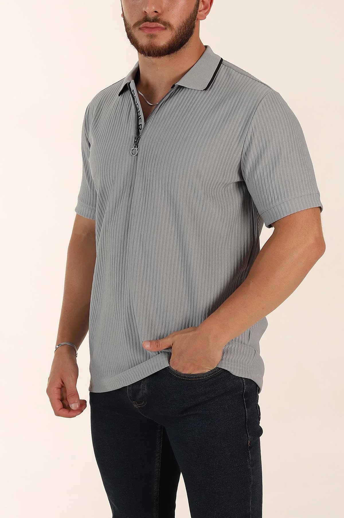 Gri Relaxed Fit Çizgili Fermuarlı Polo Yaka Erkek Tişört 370341