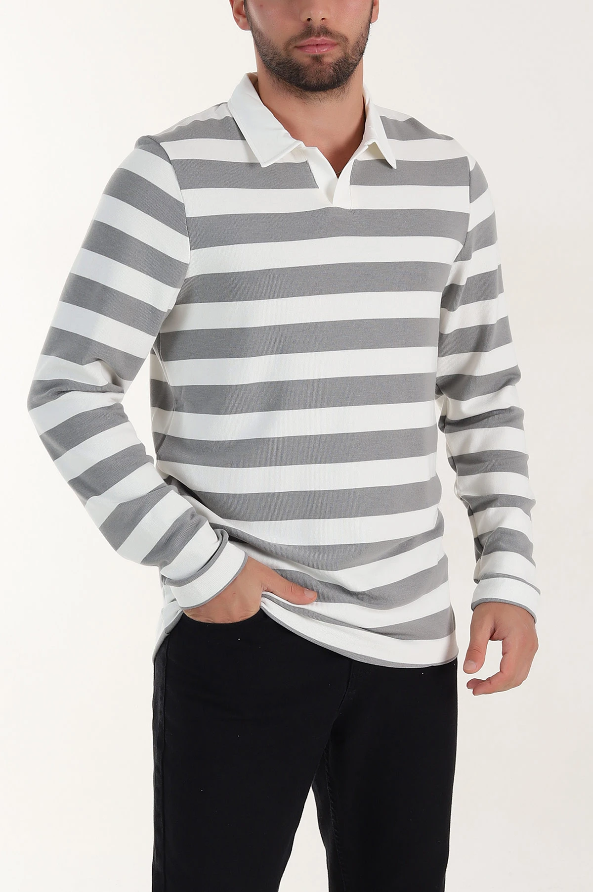 Gri Relaxed Fit Çizgili Jakarlı Kumaş Erkek Triko Sweatshirt 399593