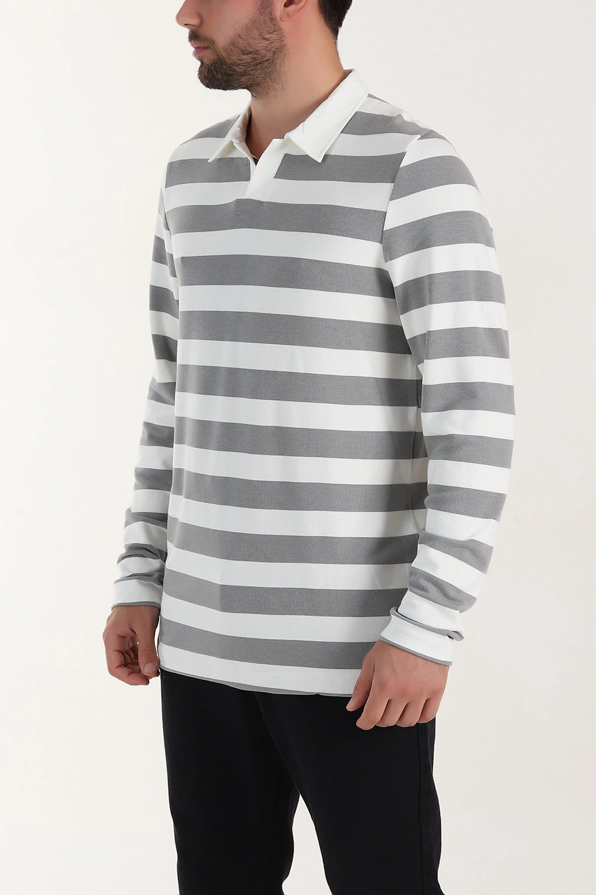 Gri Relaxed Fit Çizgili Jakarlı Kumaş Erkek Triko Sweatshirt 399593