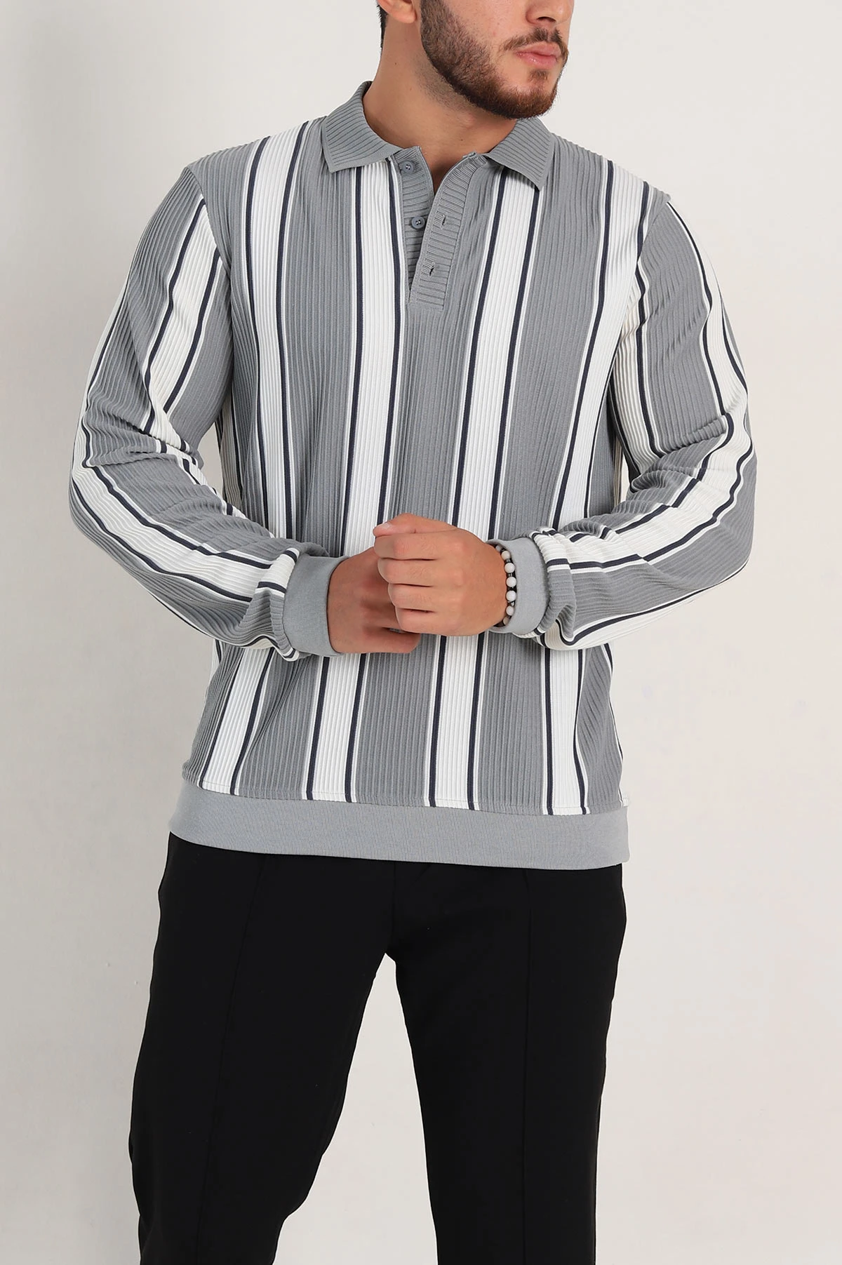 Gri Relaxed Fit Çizgili Polo Yaka Uzun Kollu Erkek Sweatshirt 300890