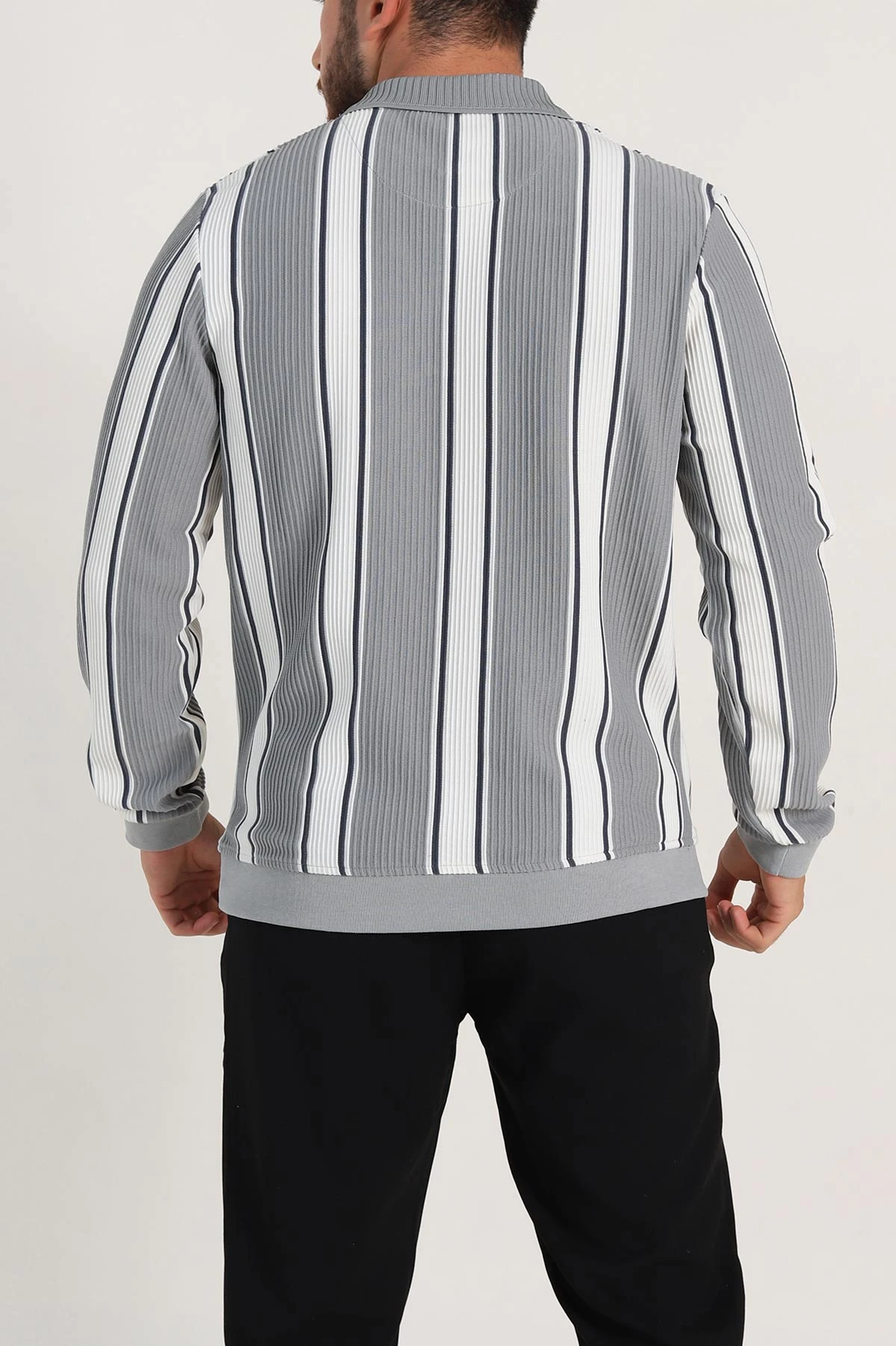 Gri Relaxed Fit Çizgili Polo Yaka Uzun Kollu Erkek Sweatshirt 300890