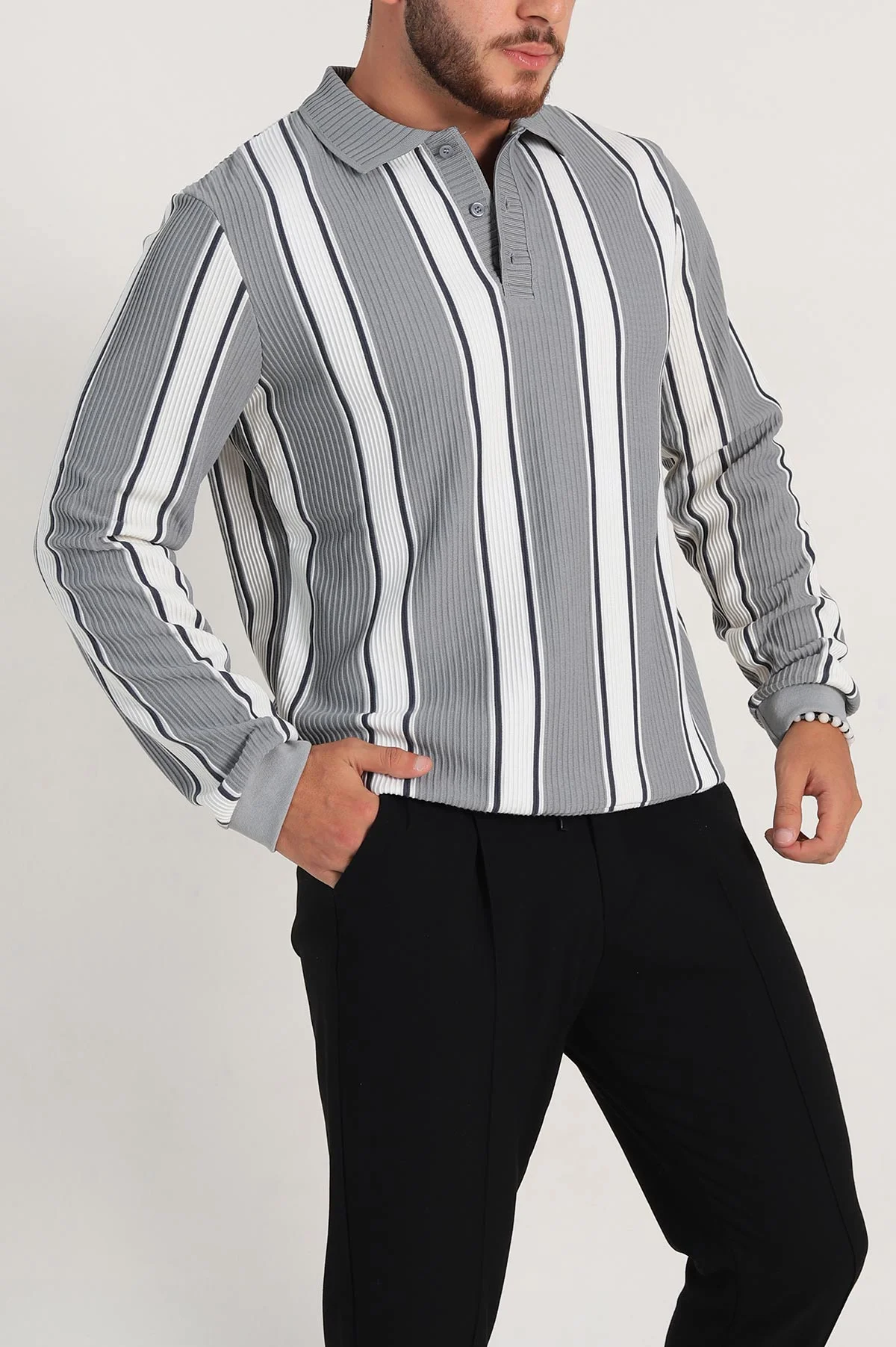Gri Relaxed Fit Çizgili Polo Yaka Uzun Kollu Erkek Sweatshirt 300890