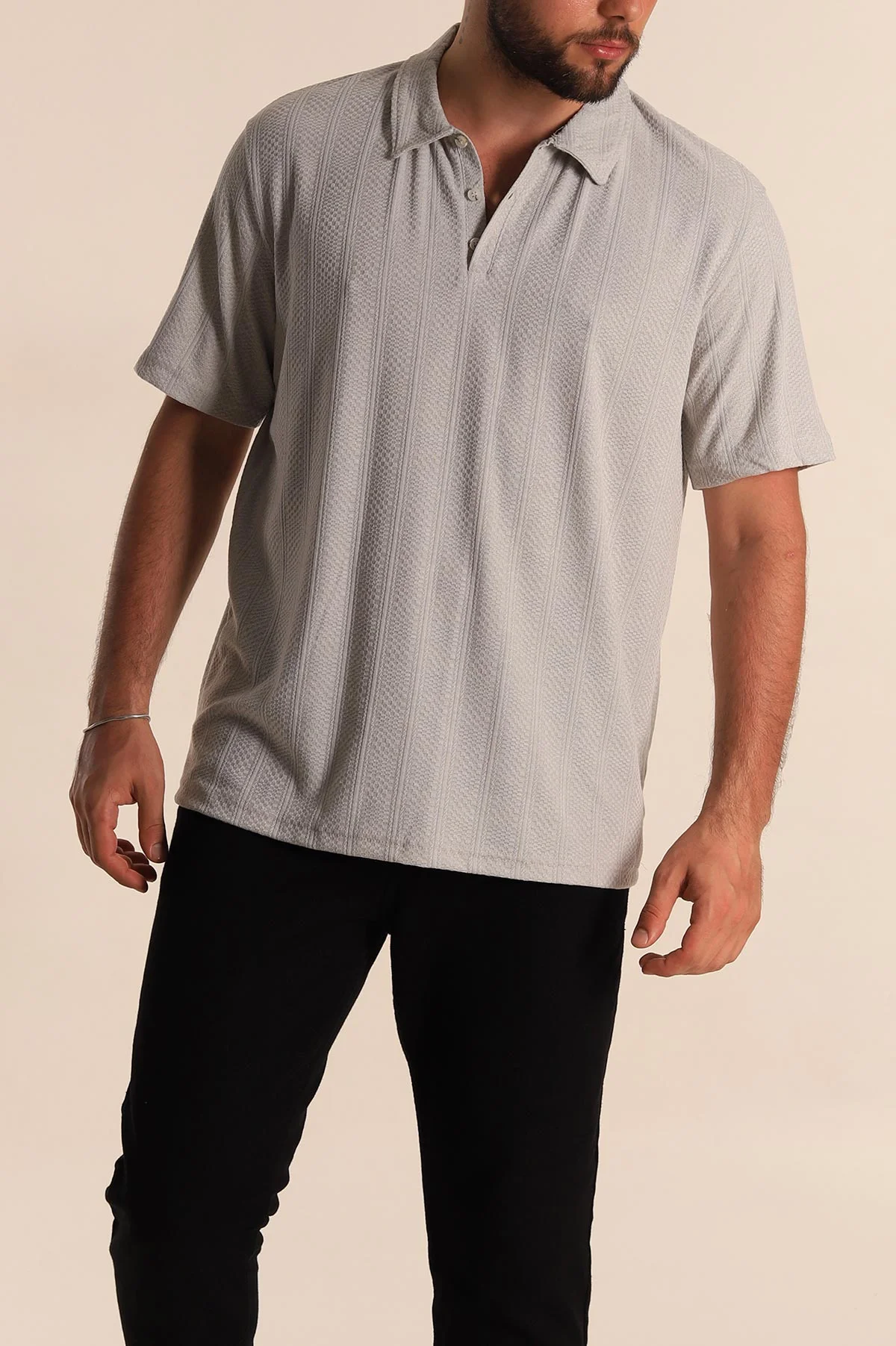 Gri Relaxed Fit Desenli Polo Yaka Erkek Tişört 279209