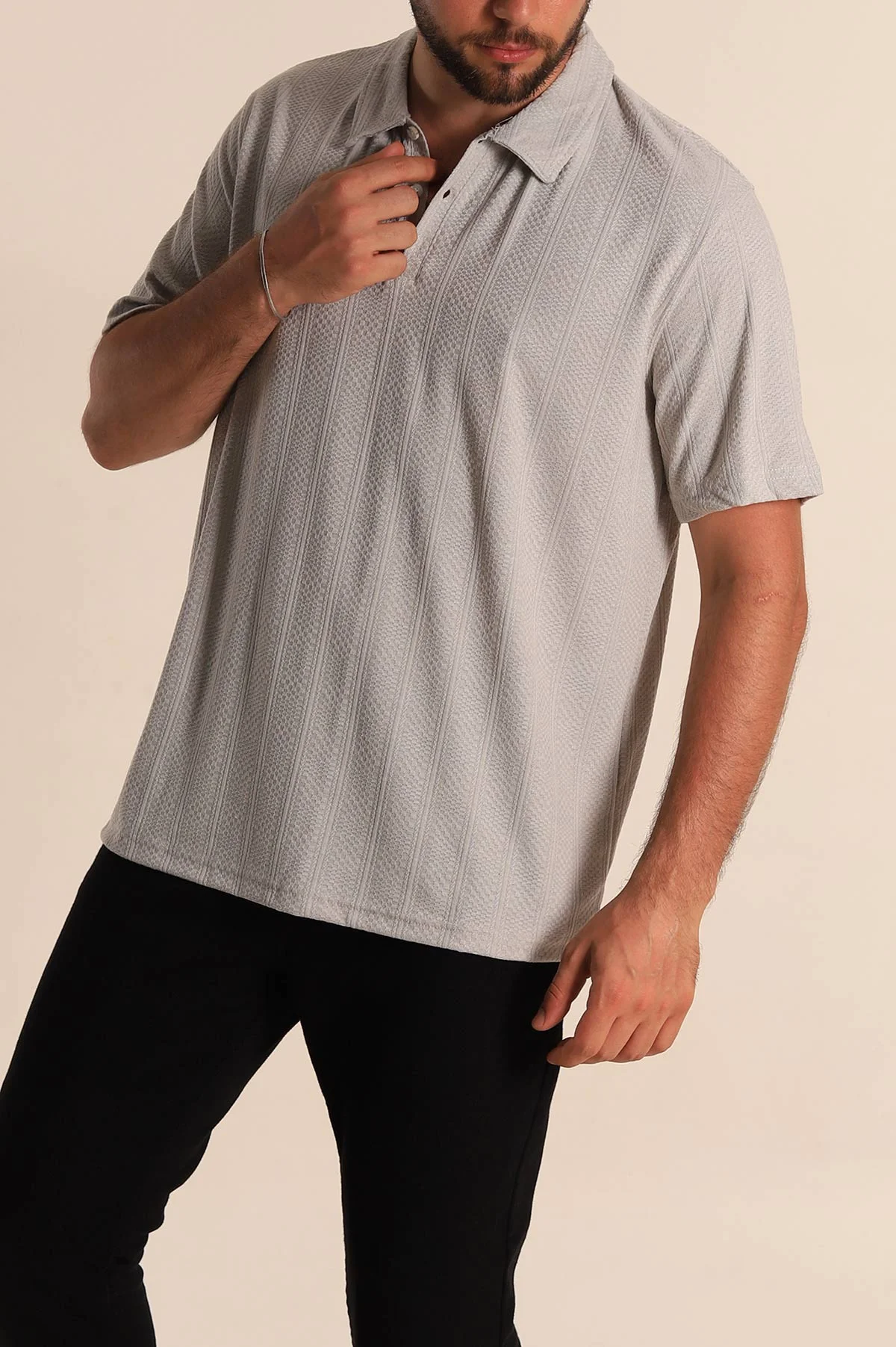 Gri Relaxed Fit Desenli Polo Yaka Erkek Tişört 279209
