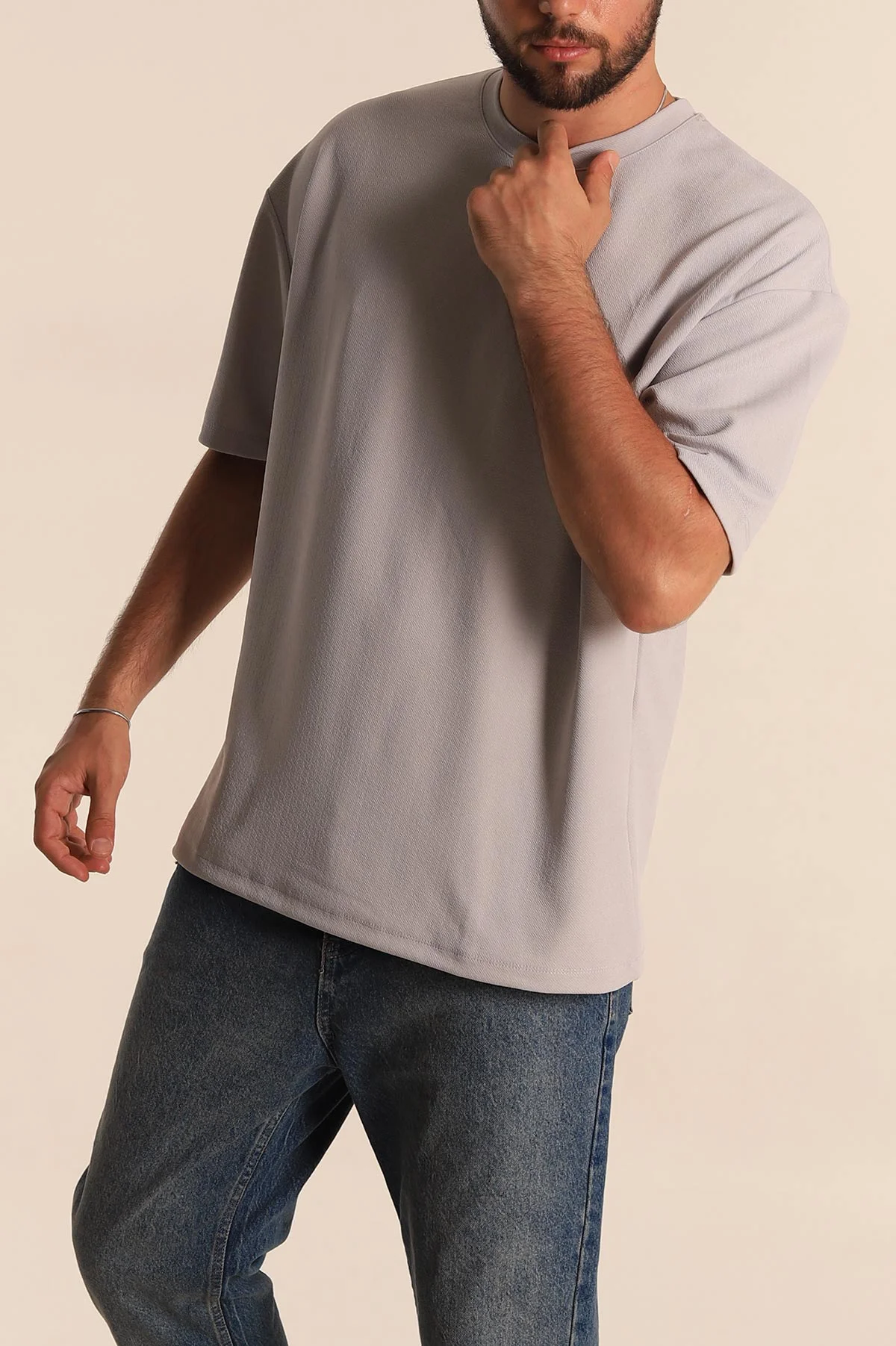 Gri Relaxed Fit Dokulu Basic Erkek Tişört 278886
