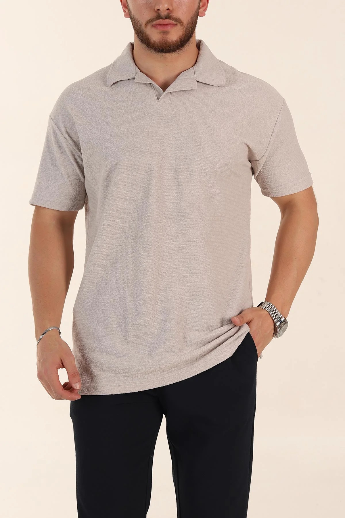 Gri Relaxed Fit Dokulu Basic Polo Yaka Erkek Tişört 367566