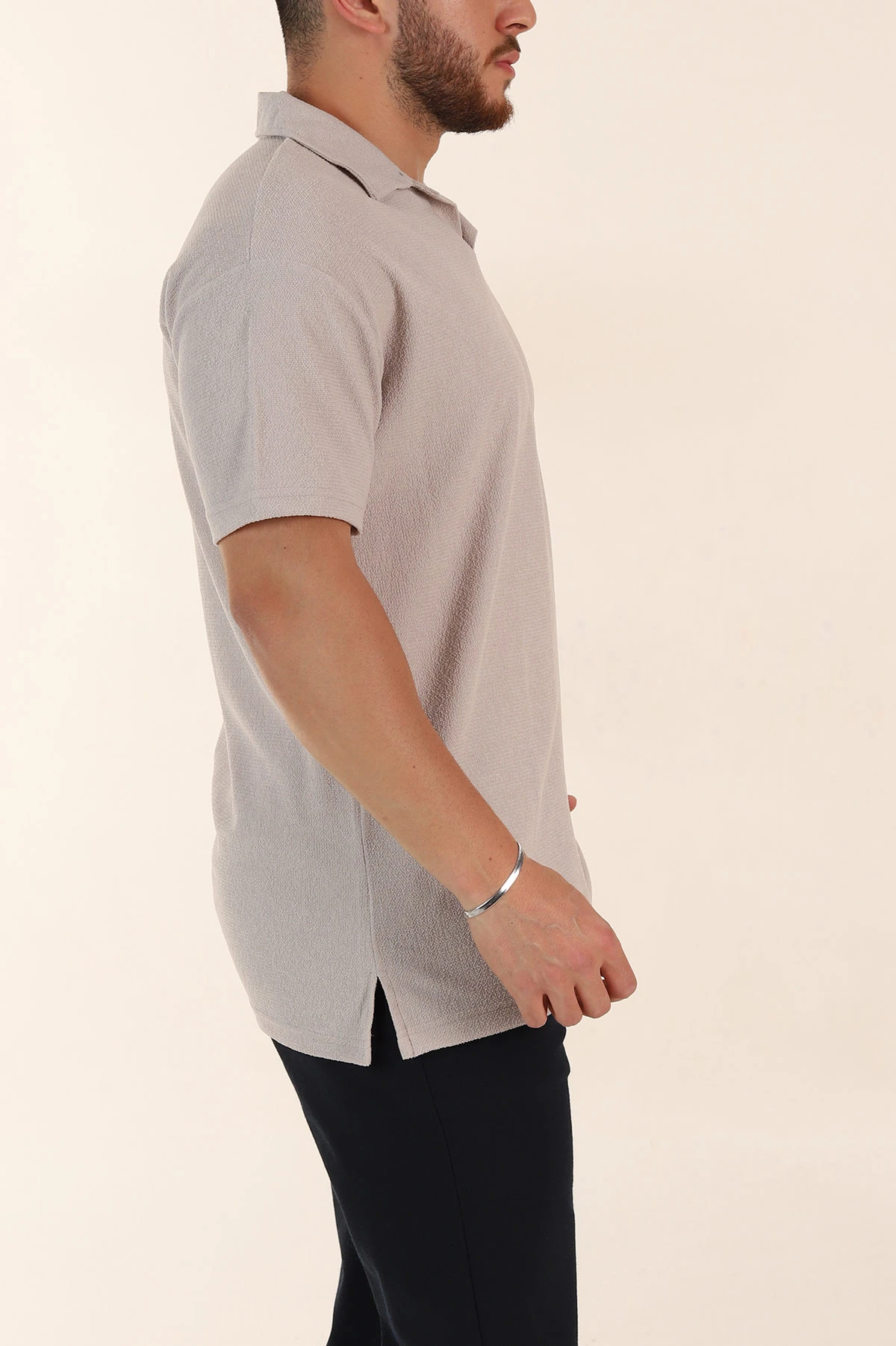 Gri Relaxed Fit Dokulu Basic Polo Yaka Erkek Tişört 367566
