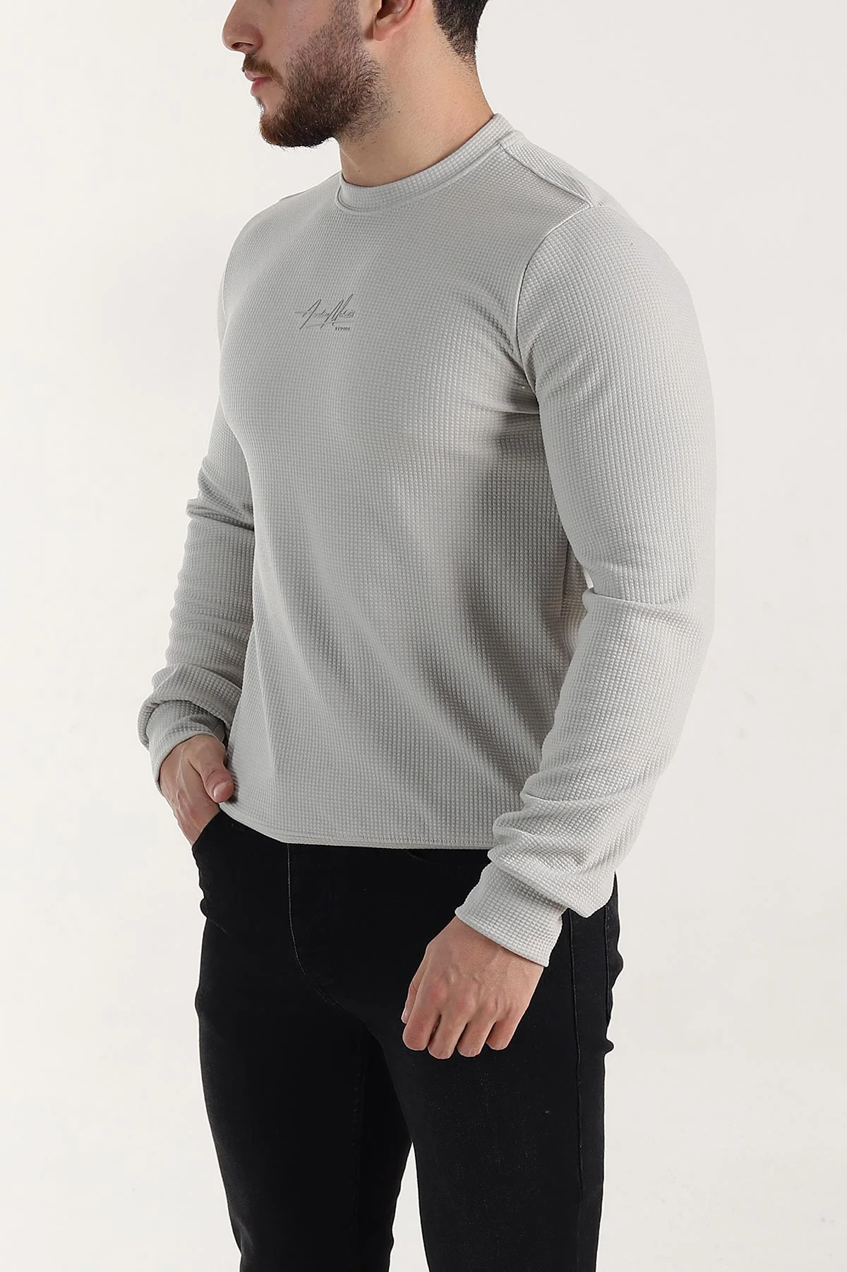 Gri Relaxed Fit Dokulu Kabartma Yazı Detaylı Erkek Sweatshirt 398555