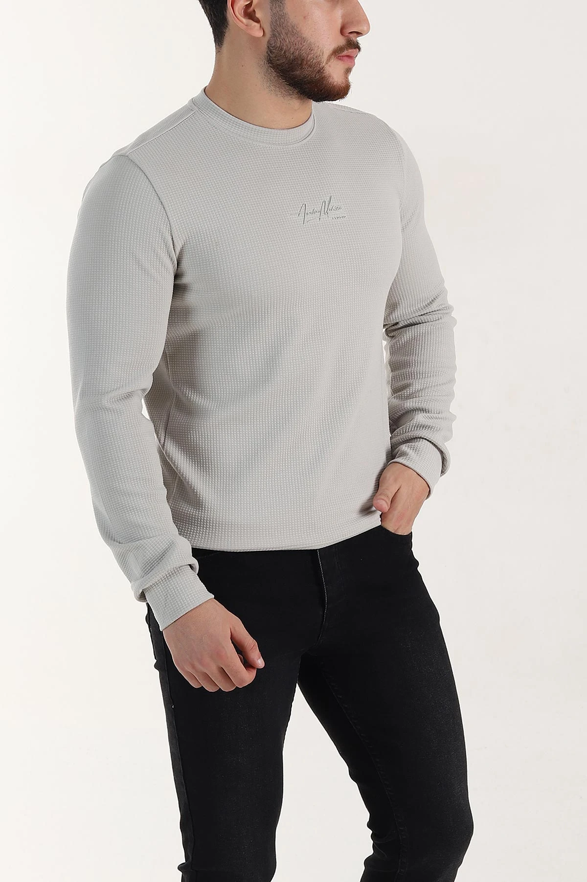 Gri Relaxed Fit Dokulu Kabartma Yazı Detaylı Erkek Sweatshirt 398555