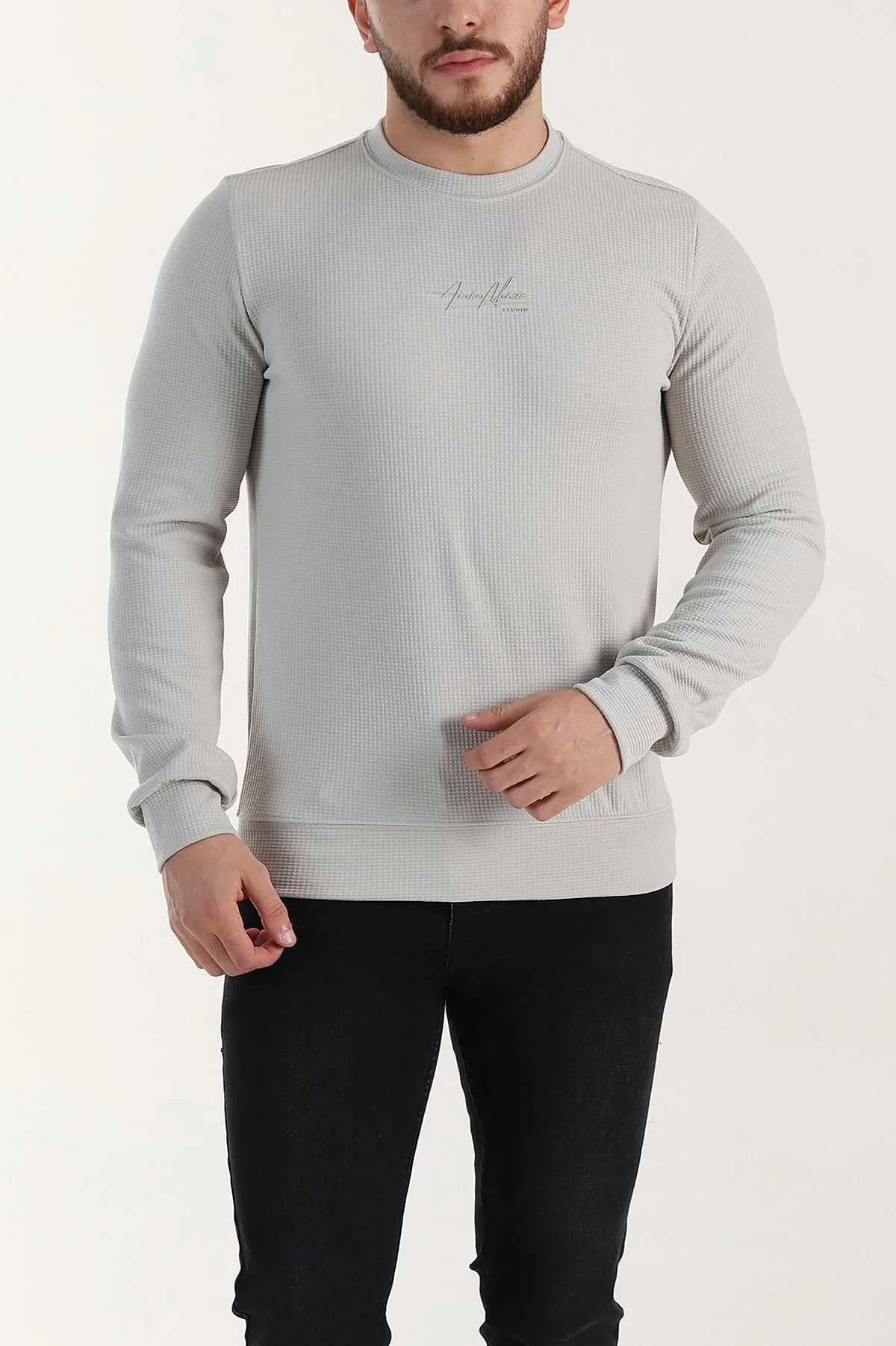 Gri Relaxed Fit Dokulu Kabartma Yazı Detaylı Erkek Sweatshirt 398555