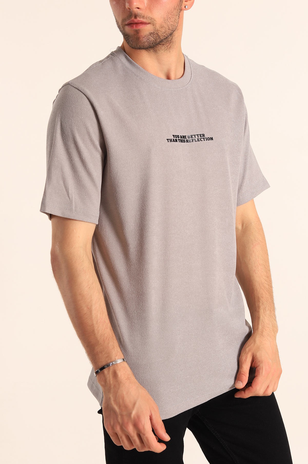 Gri Relaxed Fit Dokulu Slogan Baskılı Erkek Tişört 186774