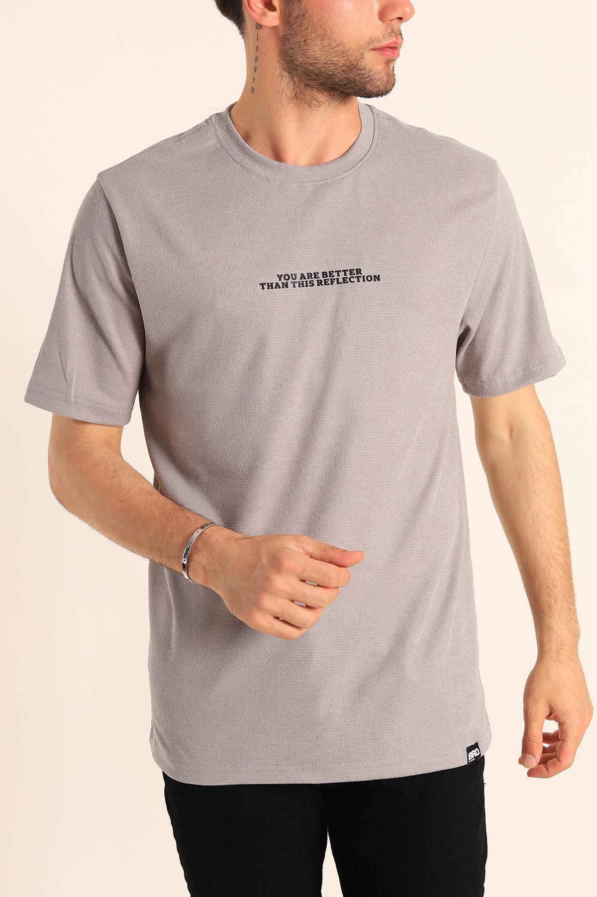 Gri Relaxed Fit Dokulu Slogan Baskılı Erkek Tişört 186774
