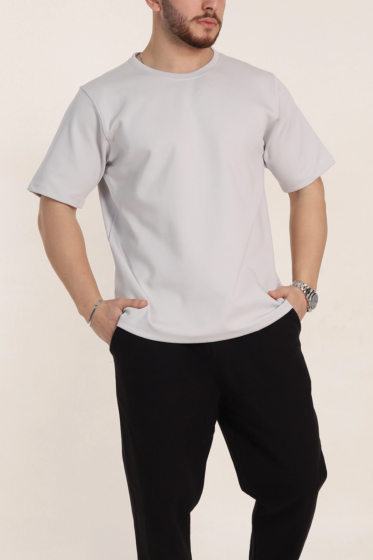 Gri Relaxed Fit Double Face Basic Erkek Tişört 348942