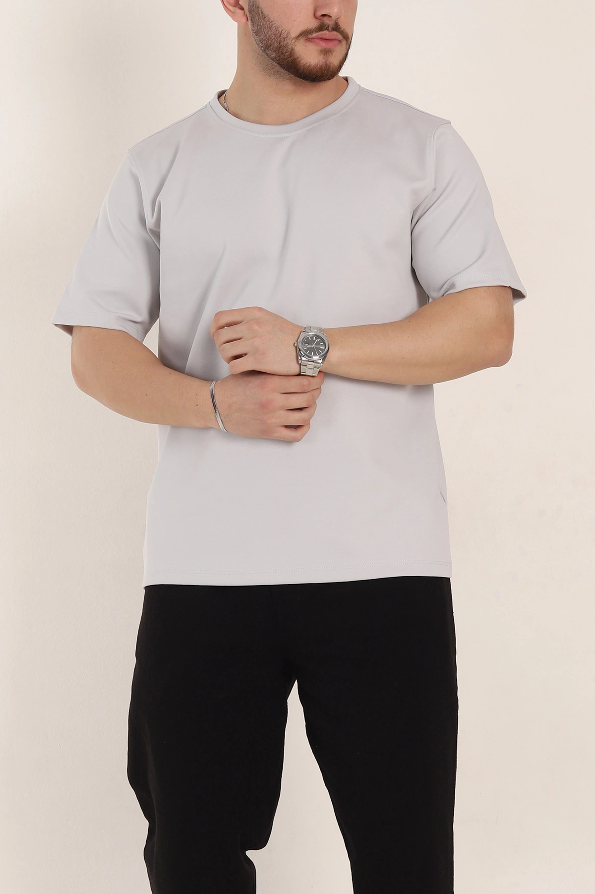 Gri Relaxed Fit Double Face Basic Erkek Tişört 348942